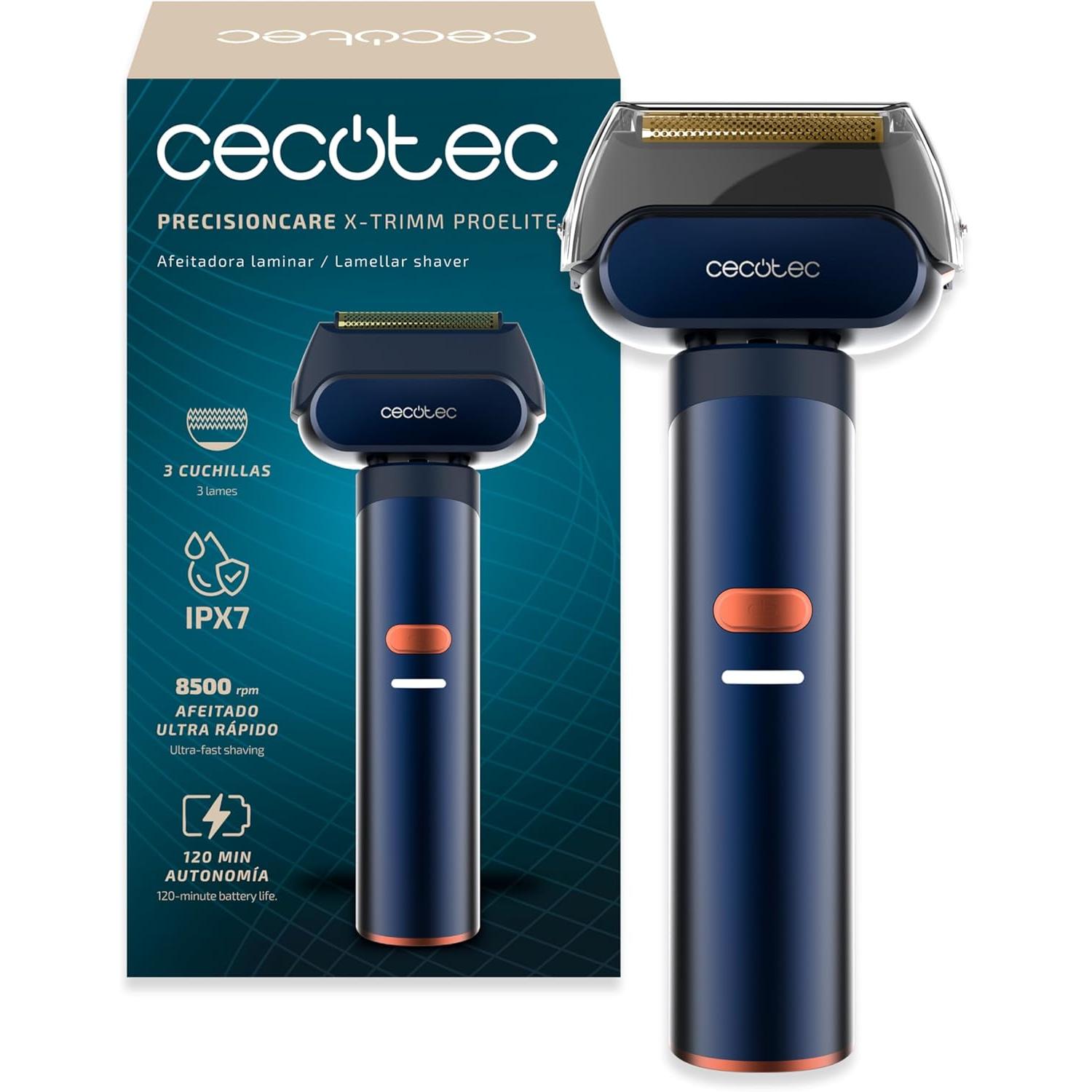 Cecotec Afeitadora Laminar Waterproof PrecisionCare X-Trimm ProElite. Aluminio, 8500RPM, 3 Cuchillas Titanio, 3 Velocidades, Autonomía 2h, IPX7, Ideal para Viajes, Bloqueo de Seguridad
