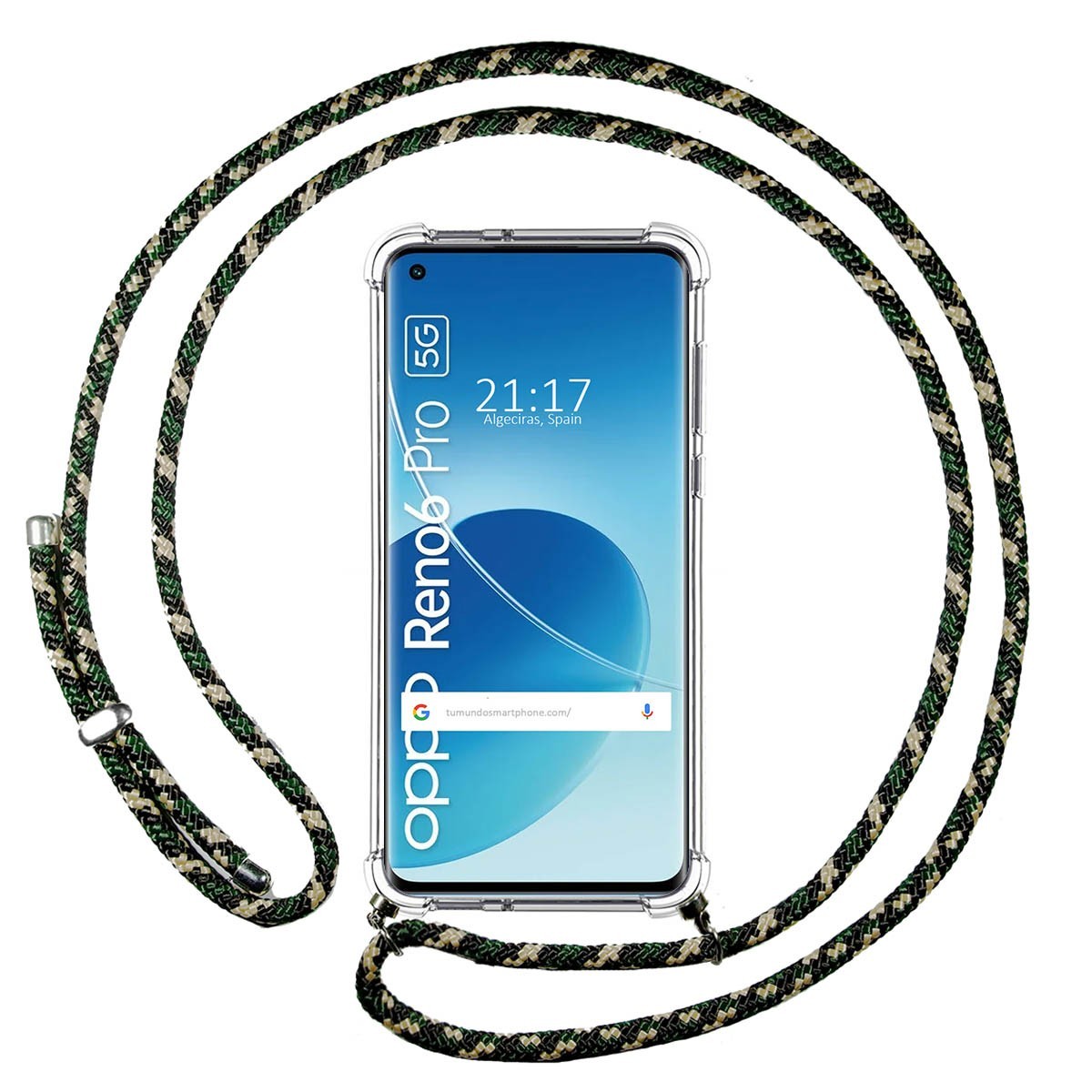 Funda Colgante Transparente para Oppo Reno 6 Pro 5G con Cordon Verde / Dorado