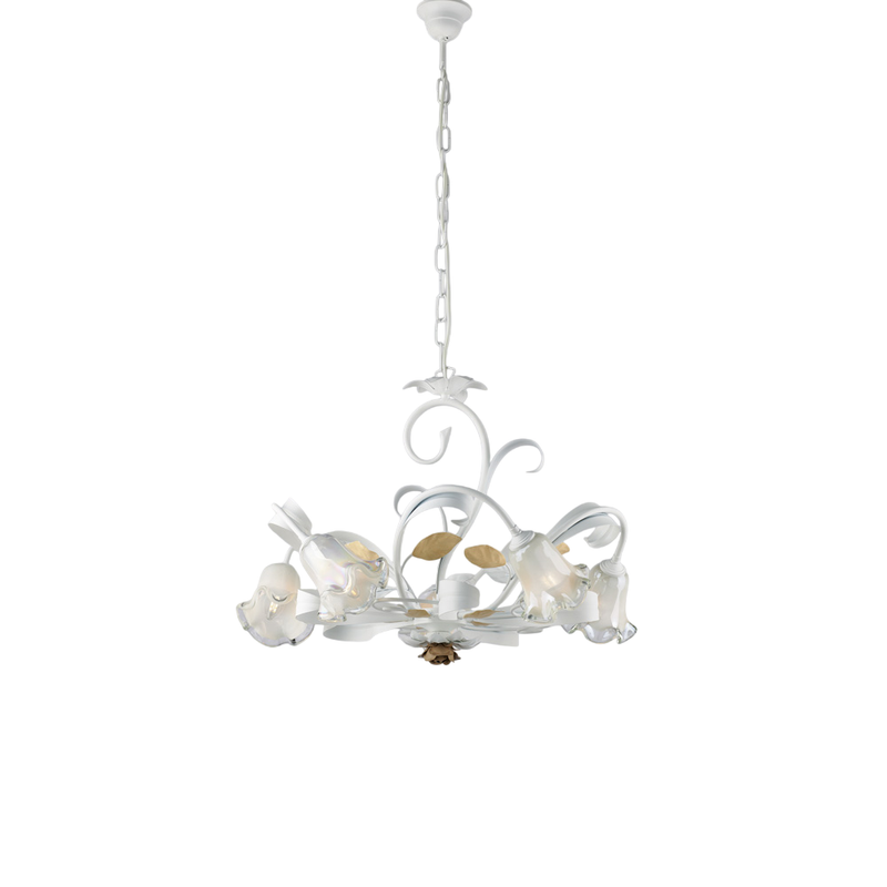 Lámpara de araña de hierro lacado blanco shabby chic, 5 luces, 142 cm, Ø65 cm, BL274-5-BCO - Bonetti Illumina