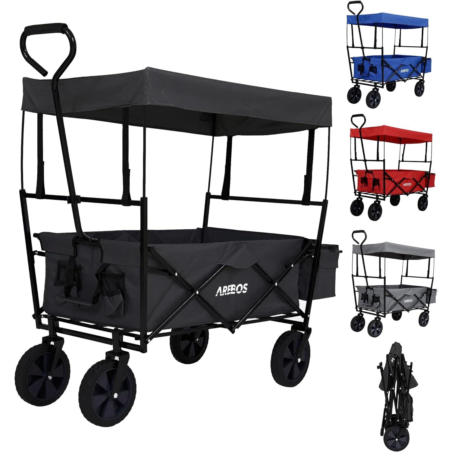 AREBOS Carro de Mano Plegable 70 Kg - Carrito Playa Techo - Barra Telescópica - Ruedas Giratorias 360°