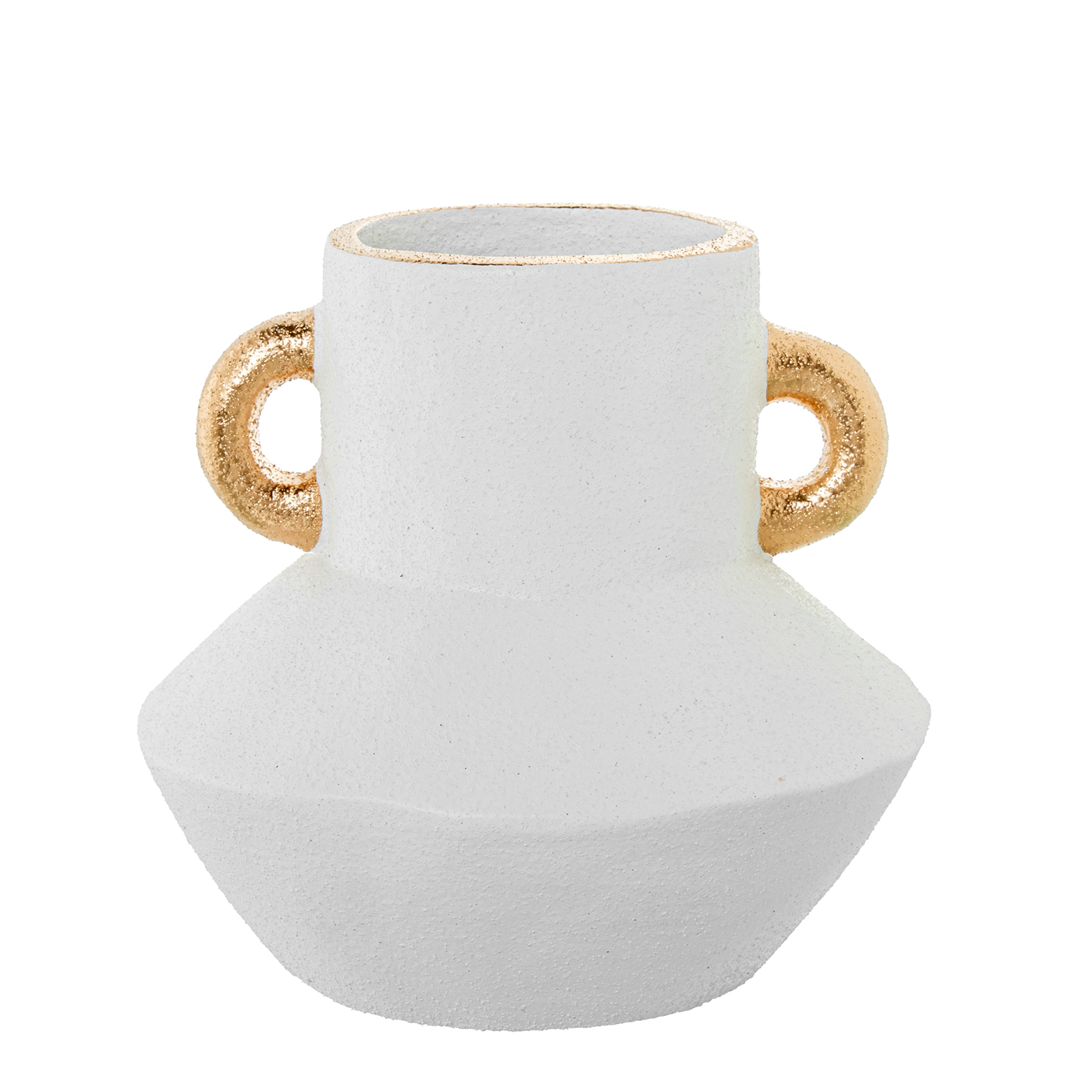 Jarron ceramica 23cm blanco con asas doradas 23x23cm