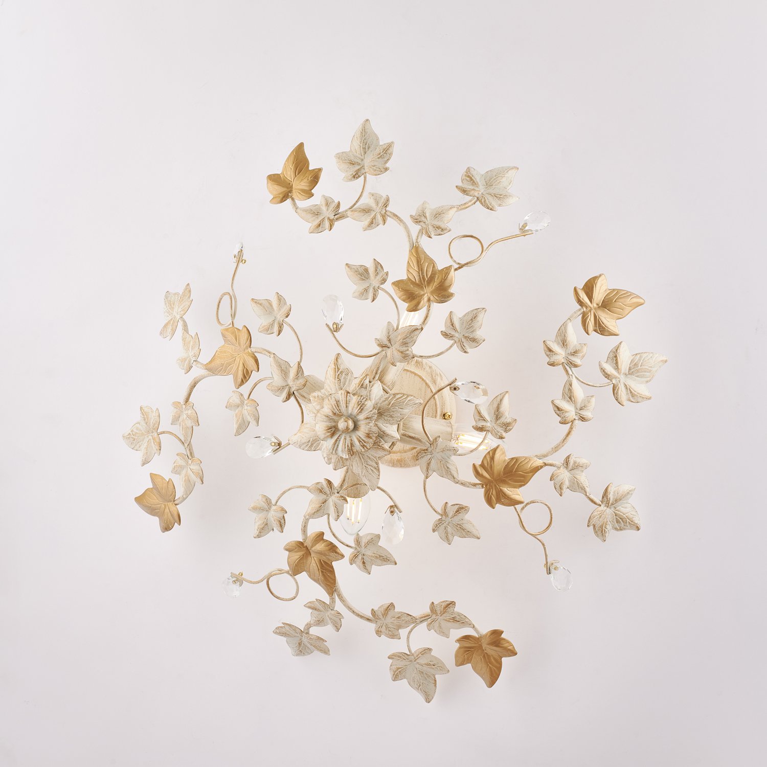 Shabby Ivy 4 luces luz de techo hierro forjado marfil oro con hojas y cristales