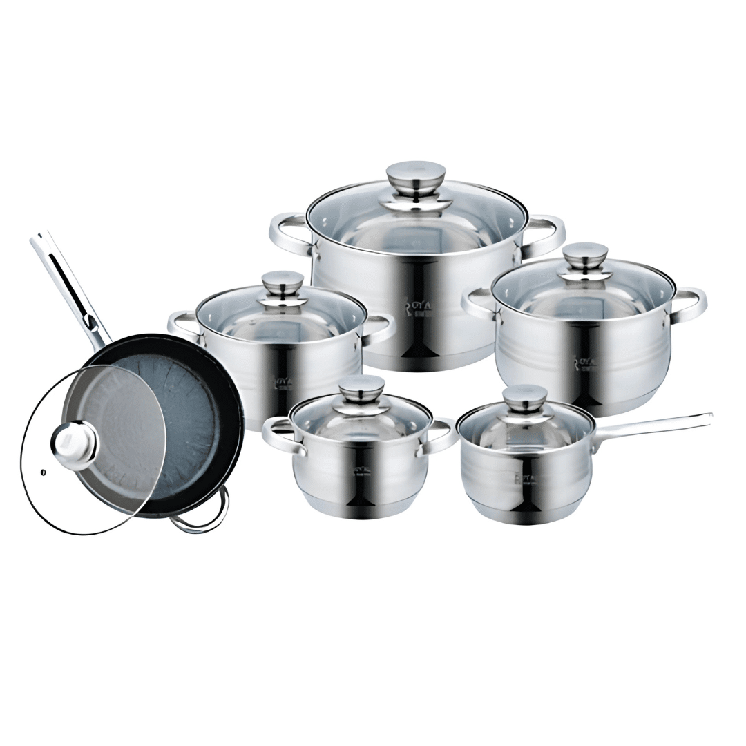 Batería de Cocina 12 Piezas de Acero Inoxidable – Apta para Inducción, Gas y Vitro – Tapas de Cristal, Asas Ergonómicas