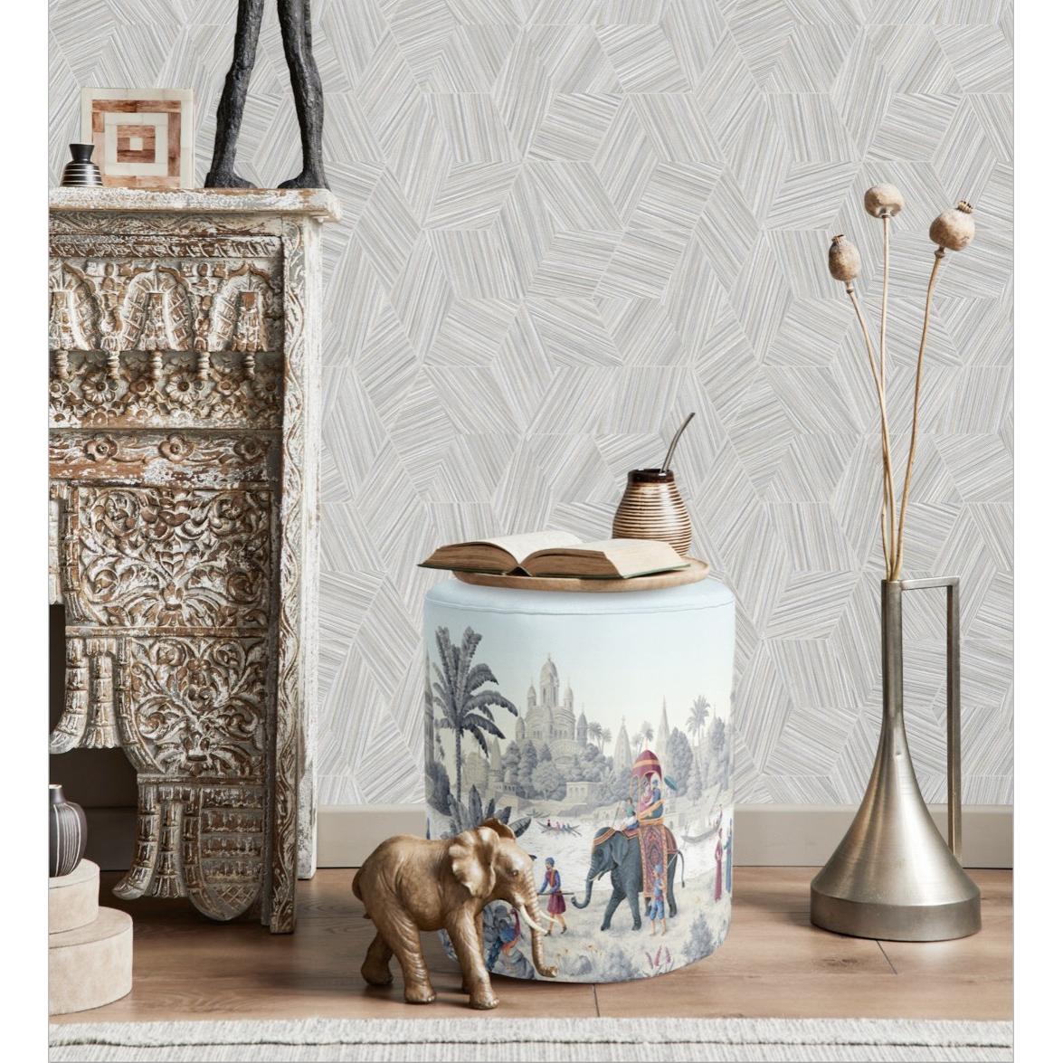 Papel pintado vinílico hexágonos gris y líneas plata en relieve - Maurice Metrix 681674 de GAULAN - Rollo de 10 m x 1,06 m