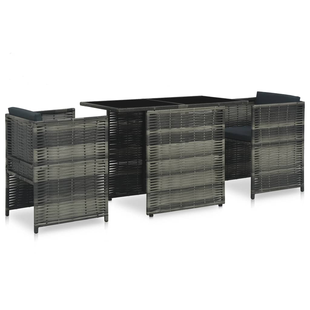 vidaXL Set mesa y sillas jardín 3 pzas y cojines ratán sintético gris