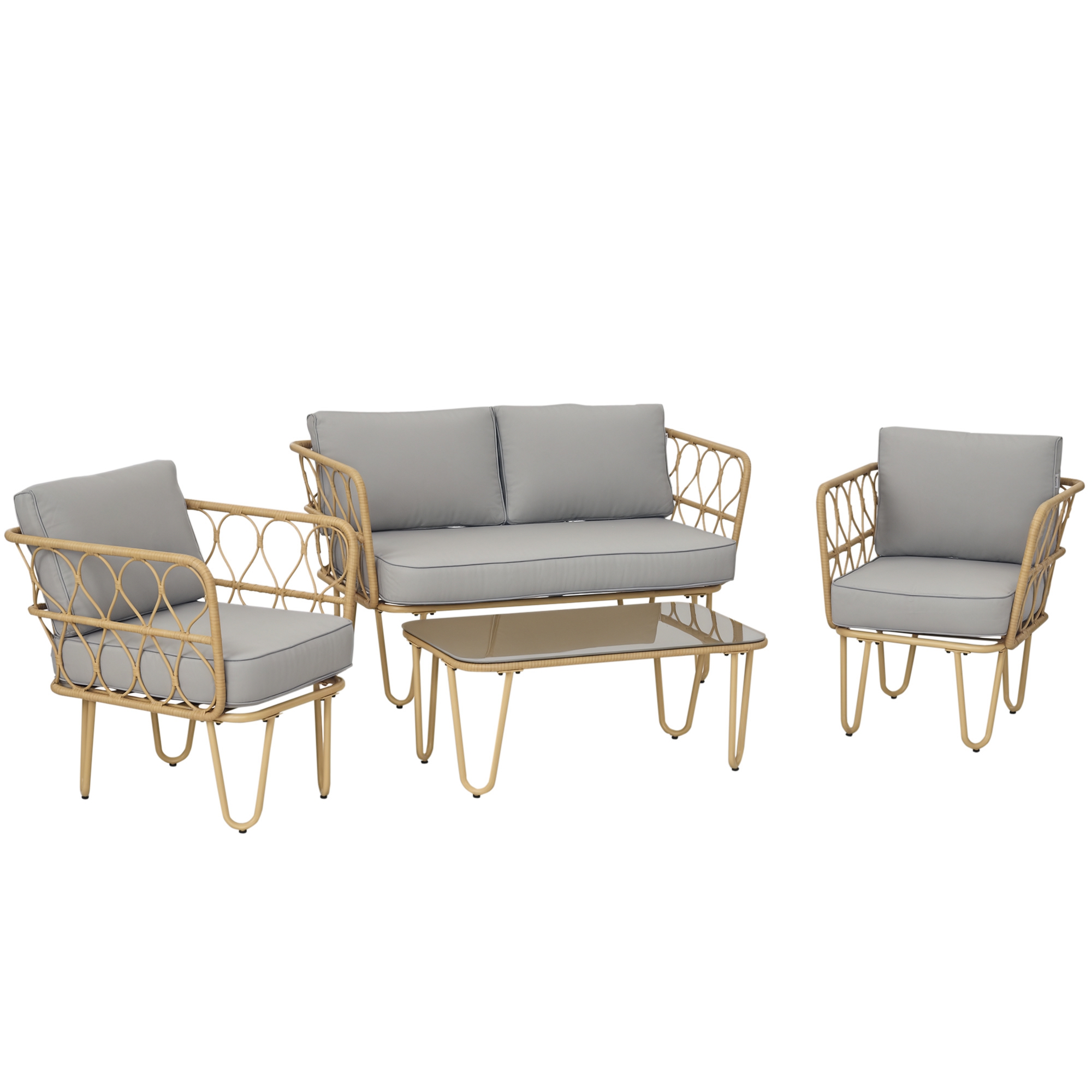 Outsunny Conjunto de Jardín de Ratán Sintético Juego de 4 Piezas Muebles de Jardín con Sofá de 2 Plazas 2 Sillones y Mesa de Centro con Encimera de Cristal y Cojines Extraíbles Natural y Gris