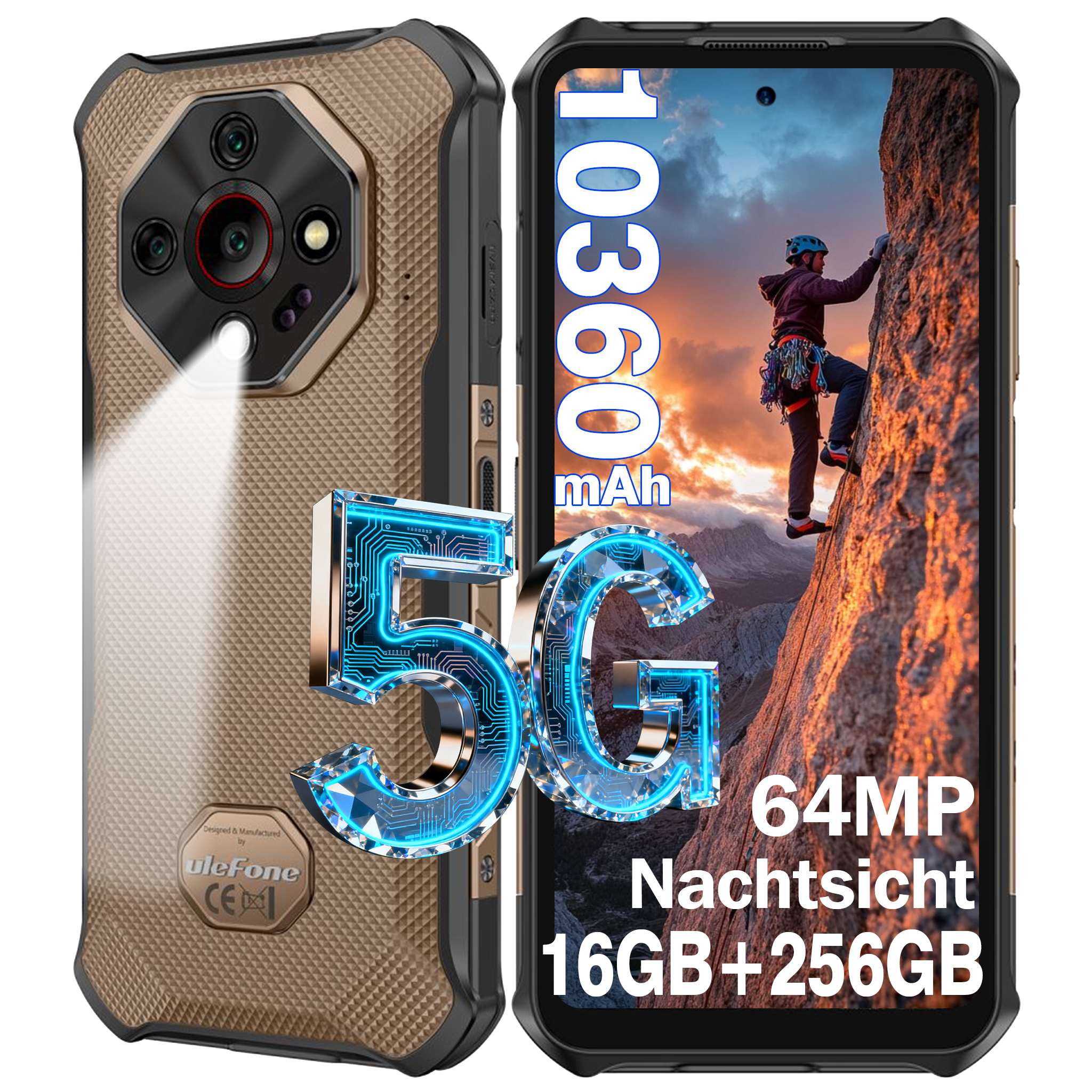 Telefono - Ulefone Armor X16 Pro 5G Smartphone, 16GB+256GB/2TB, Batería 10360mAh/Carga rápida 33W, 6.56'' FHD+ Cámara 64MP++Visión Nocturna, Android 15 Telefonos Moviles Libres Gemini AI/120Hz/NFC/IP68
