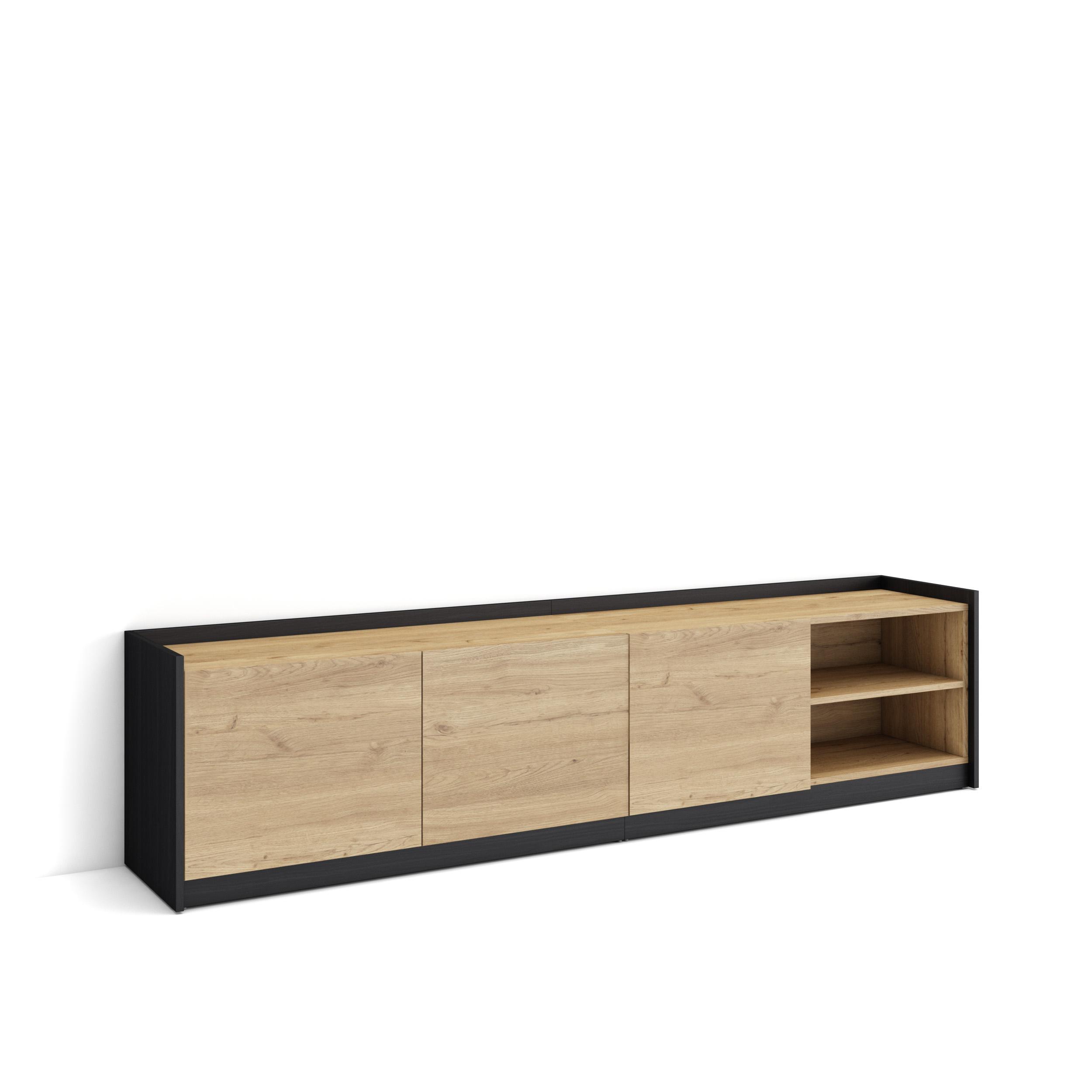 Skraut Home, Mueble TV, Televisión, Muebles de salón, almacenaje, 207x50x37 cm, Para TV hasta 80", Con almacenamiento, Estilo Moderno, Roble y negro