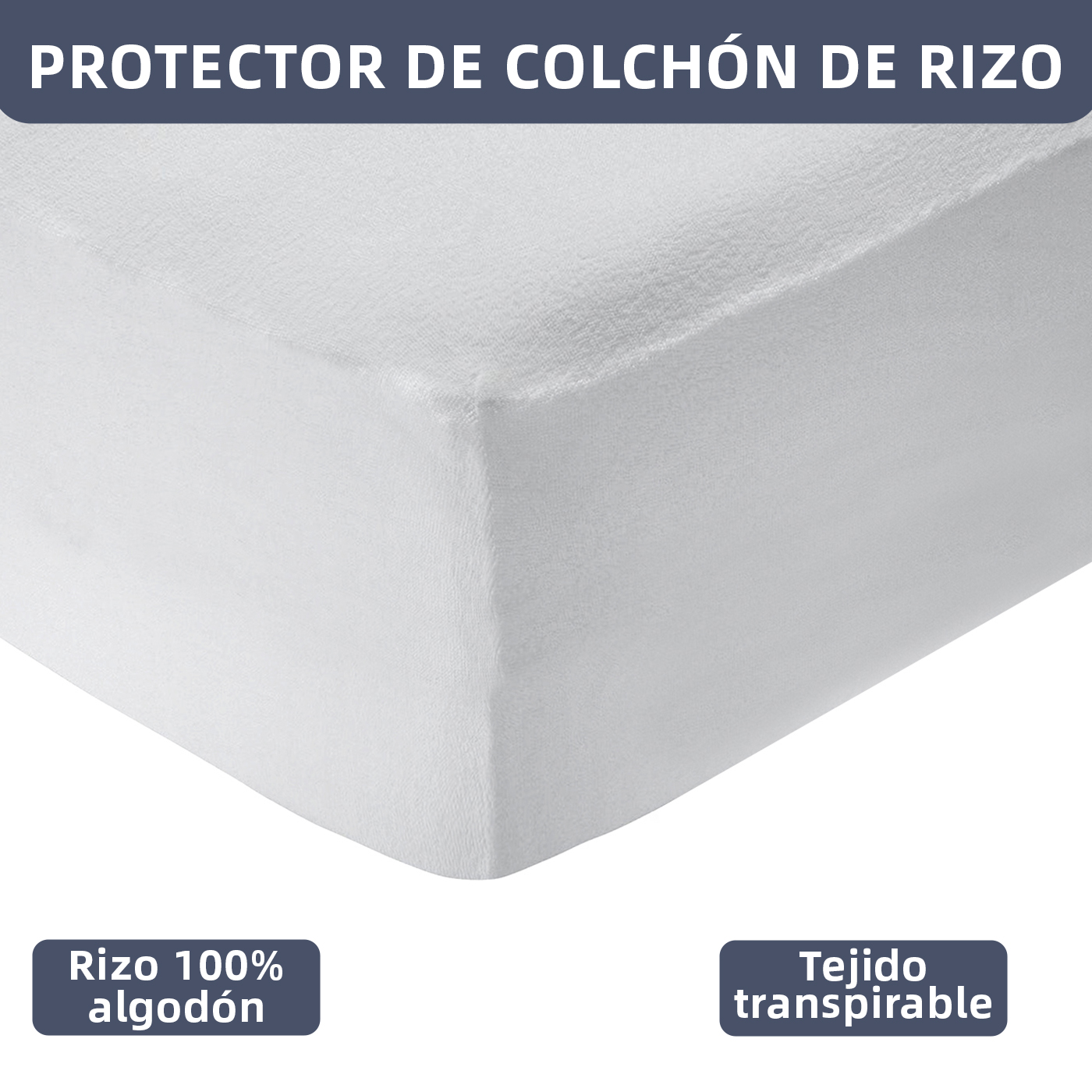Protector de colchón Rizo Extra Suave 100% Algodón, Cubrecolchón, Topper Protector de Cama Blanco, Elástico, Ajustable y Absorbente,Varias Medidas