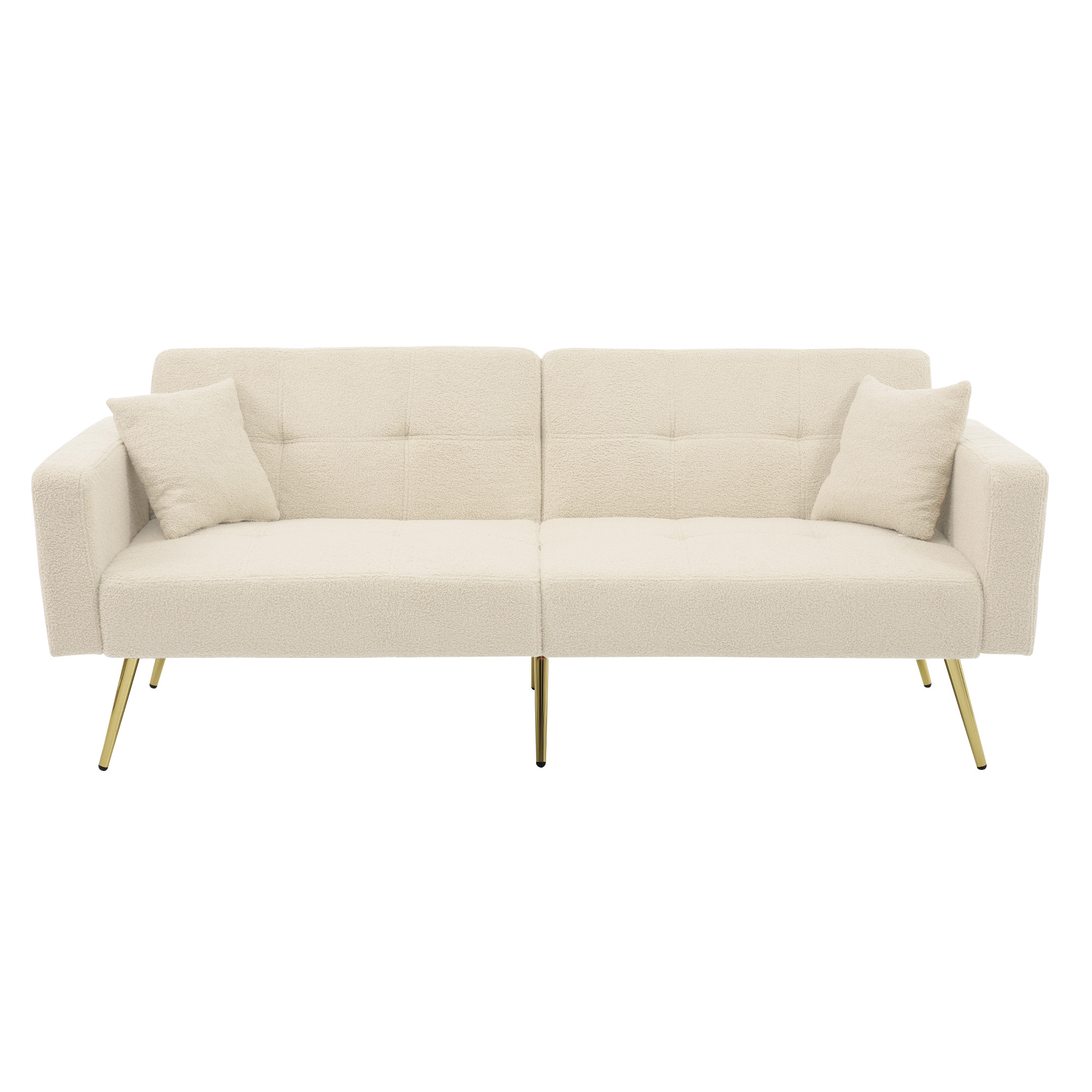 Canapé convertible 2 places beige en tissu sherpa avec dossier réglable, pieds dorés et poches latérales