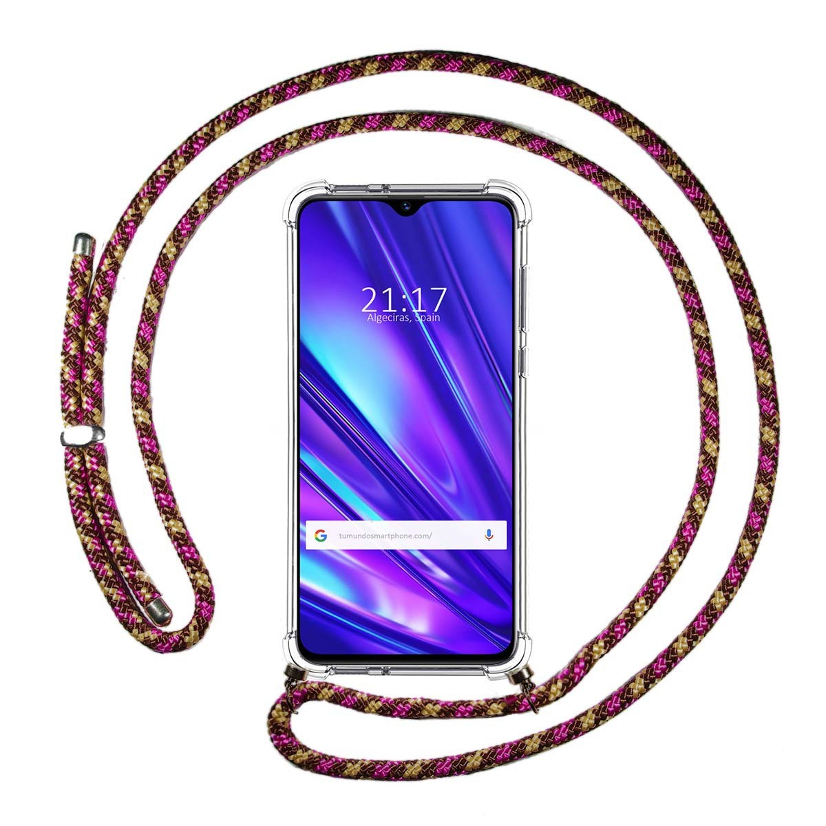 Tumundosmartphone Funda Colgante Transparente para Realme 5 Pro con Cordon Rosa / Dorado