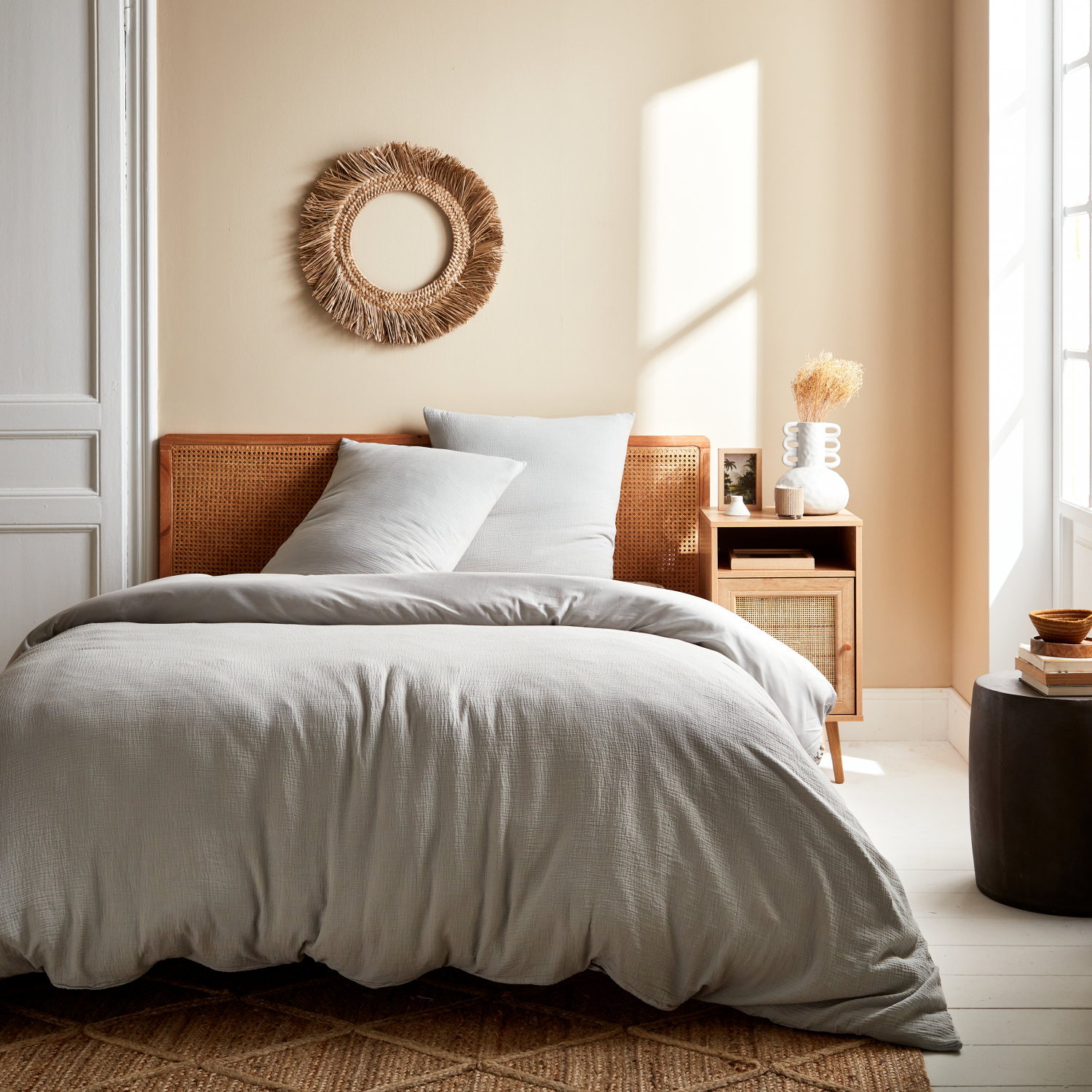 sweeek - Ropa de cama de gasa de algodón gris claro, 2 plazas , Alix , 140x200x240