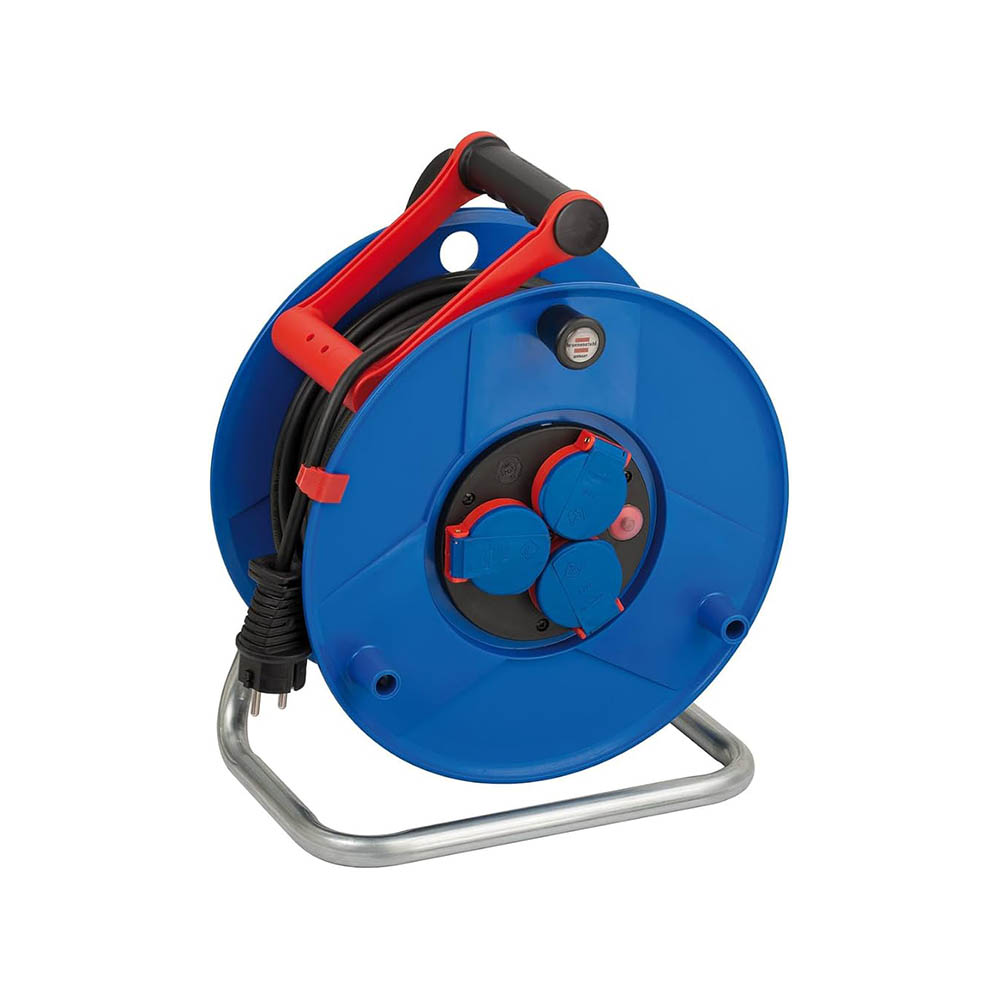 Brennenstuhl Garant enrollacables con cable BREMAXX de 50m y 3 tomas de corriente (para exteriores, IP44, termostato, fabricado en alemania) azul