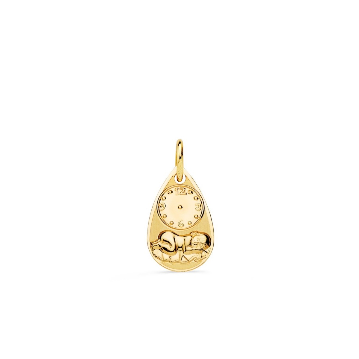 Medalla oro 18k bebé 19 mm. recién nacido brillo mate hora
