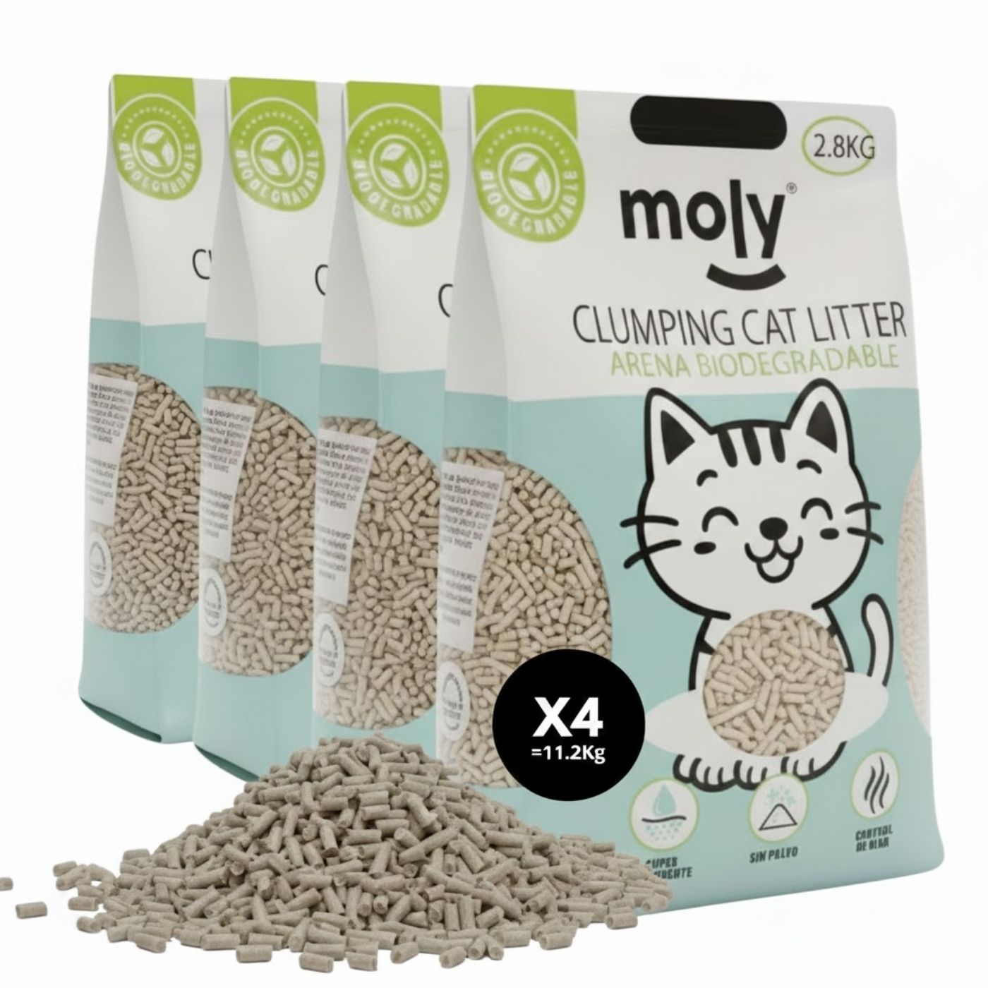 Moly Arena Tofu Para Gatos Alto Poder Aglomerante Mezcla de Pellet de Maiz Sin Polv0-11.2 Kilos