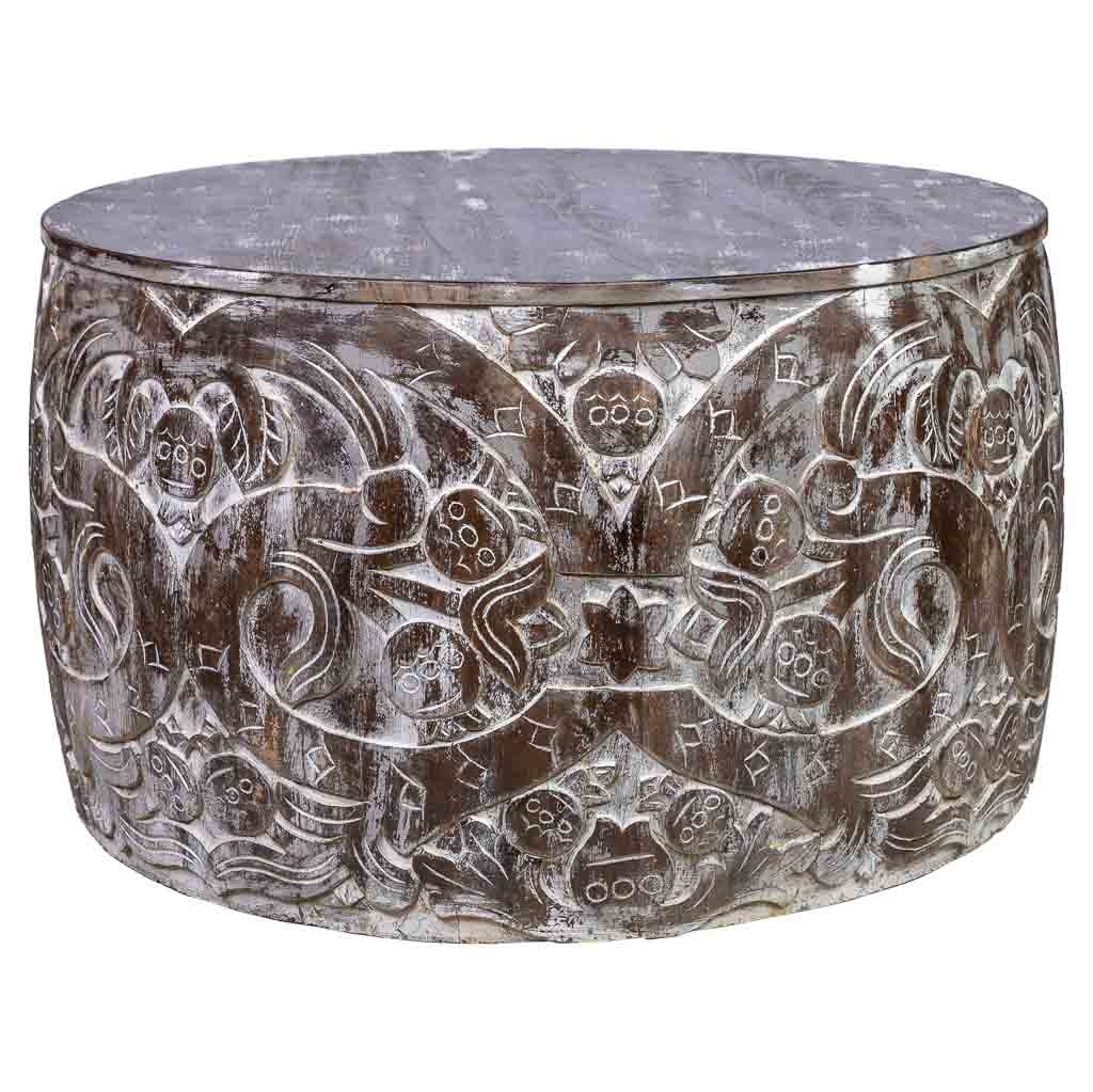 Wonderlust Deco - Mesa de centro redonda de madera tallada artesanal marron 76x76x45 Gris 76x76x45h cm