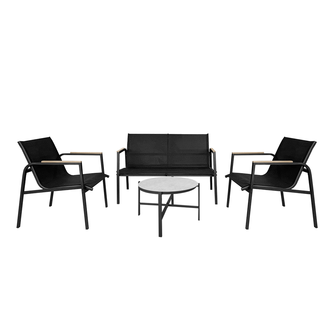 Acomoda Textil – Conjunto Jardín de Sofá + 2 Sillones + Mesa de Acero Resistente, Decorativo y Ligero. Asiento para Exterior en Patio, Balcón y Terraza de Fácil Instalación. (Negro, 4 Piezas)