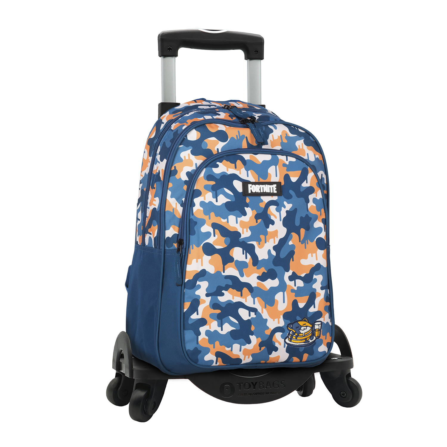 DAM Fortnite Blue Camo mochila primaria doble compartimento + carro  con protección lateral y stoper frontal, 4 ruedas multidireccionales. 31x18x42 Cm. Color: Camuflaje Azul