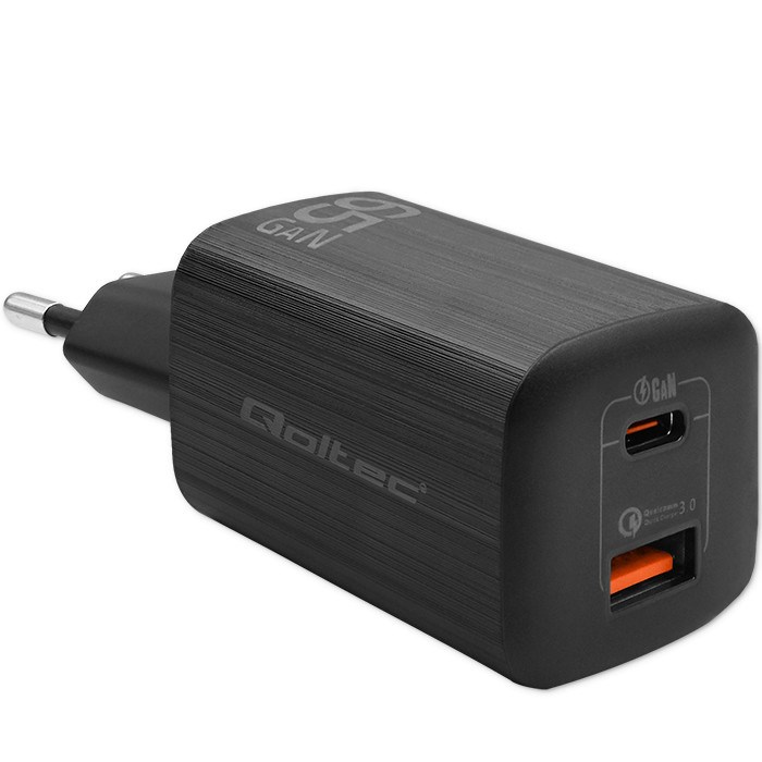 Qoltec 50766 cargador de dispositivo móvil Portátil, Consola de juegos portátil, Batería portátil, Smartphone, Reloj inteligente, Tableta Negro Corriente alterna Carga rápida Interior
