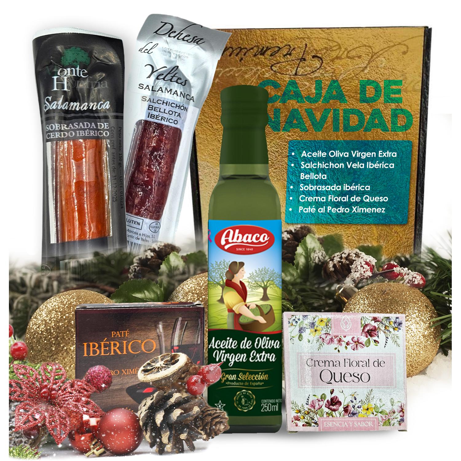 Caja de Navidad EXCLUSIVE: Aceite Oliva Virgen Extra + Salchichon Iberico Bellota + Sobrasada Iberica + Pate + Crema Floral de Queso - CAJA S