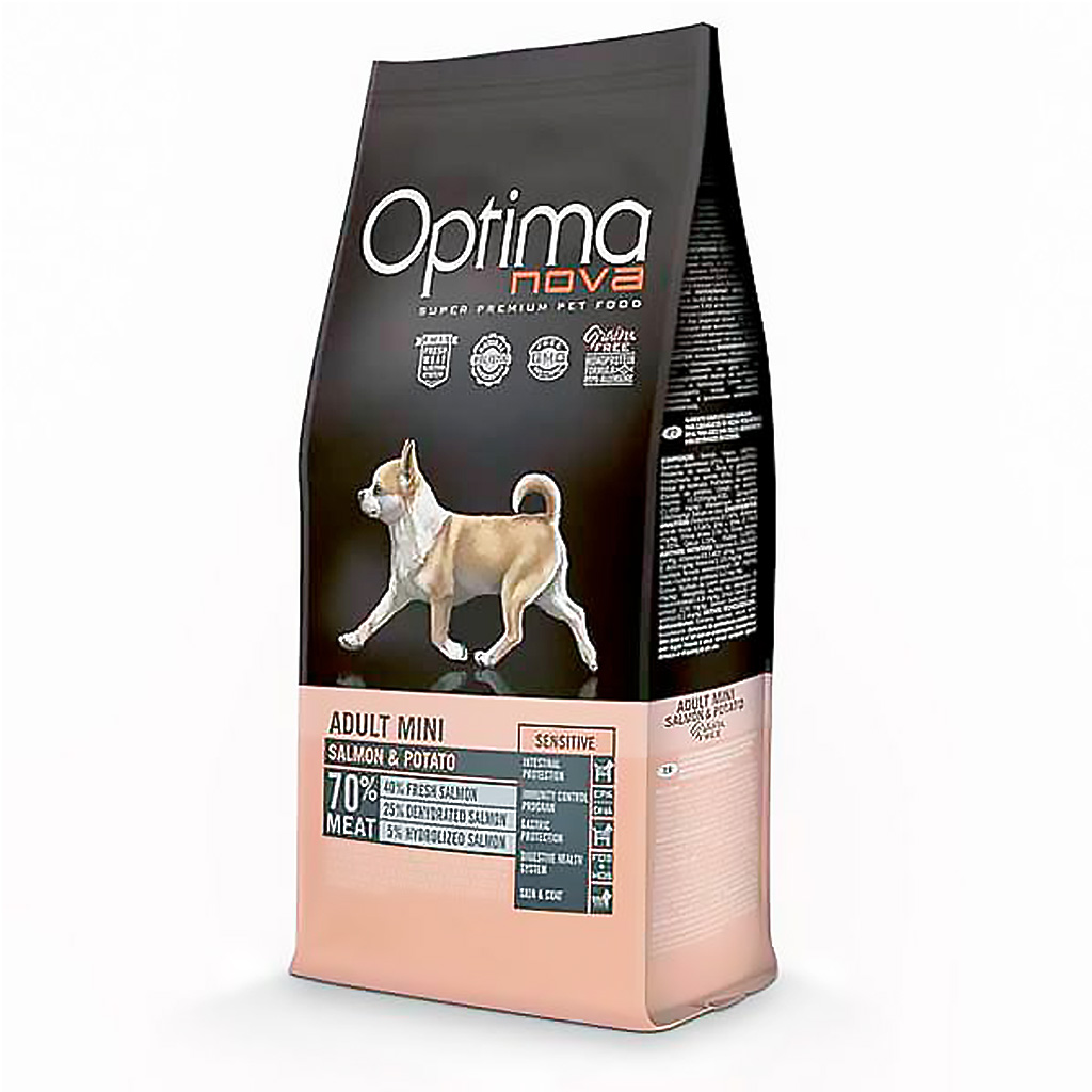 Optima Nova – Pienso para perros adultos mini Optima Nova Grain Free salmón y patata.