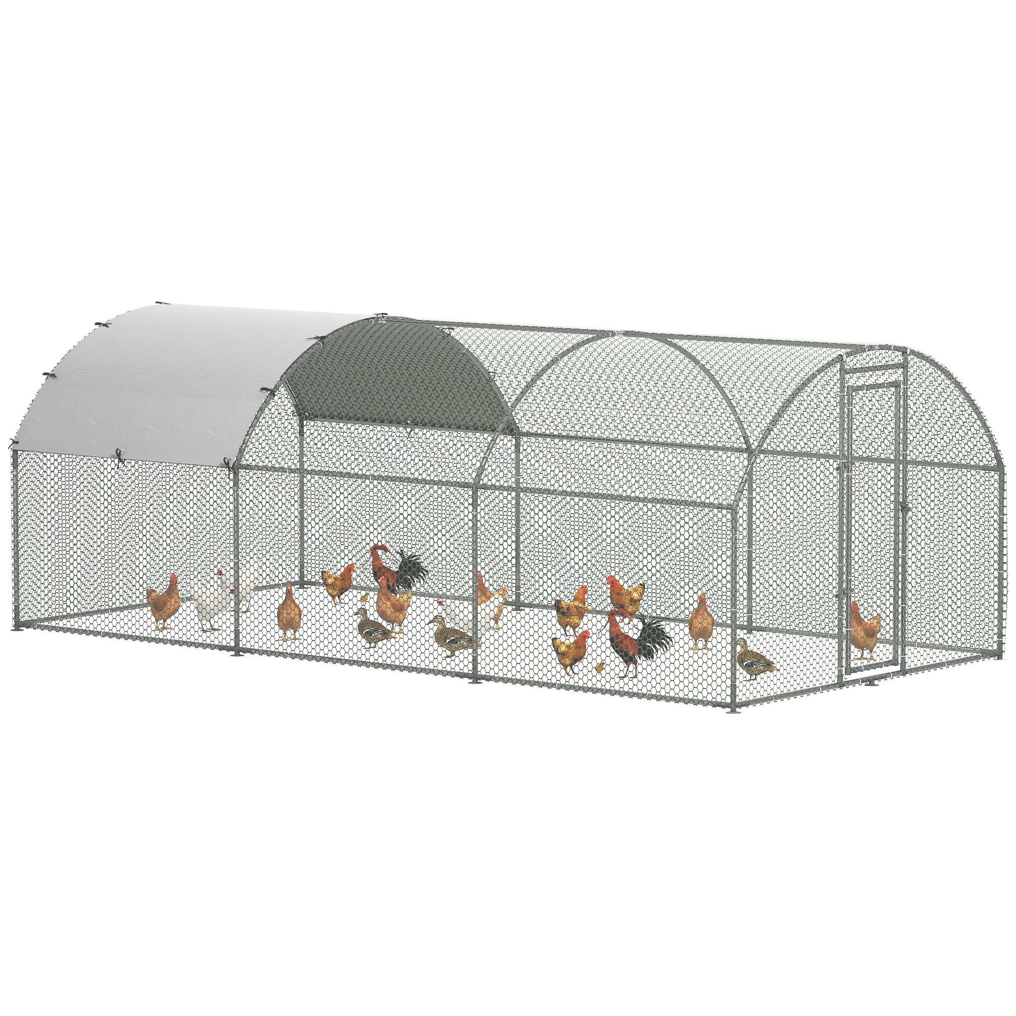 PawHut Gallinero para Exterior Grande de Acero Galvanizado 280x570x197 cm Jaula de Gallinas Cubierta de Tela Oxford Impermeable y Resistente a los Rayos UV para Patio Plata