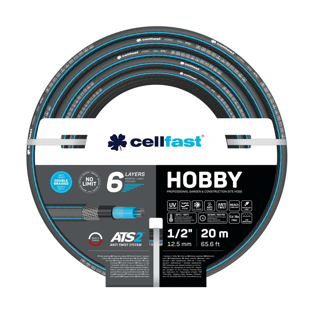 Cellfast Hobby Manguera de Jardín, Duradera, Flexible, 6 Capas Trenzada Cruzada ATS2, Resistente a los Rayos UV y a Las Algas, sin Metales Pesados, 32 Bares, -20/60 ° C A 1/2 ", 20 m