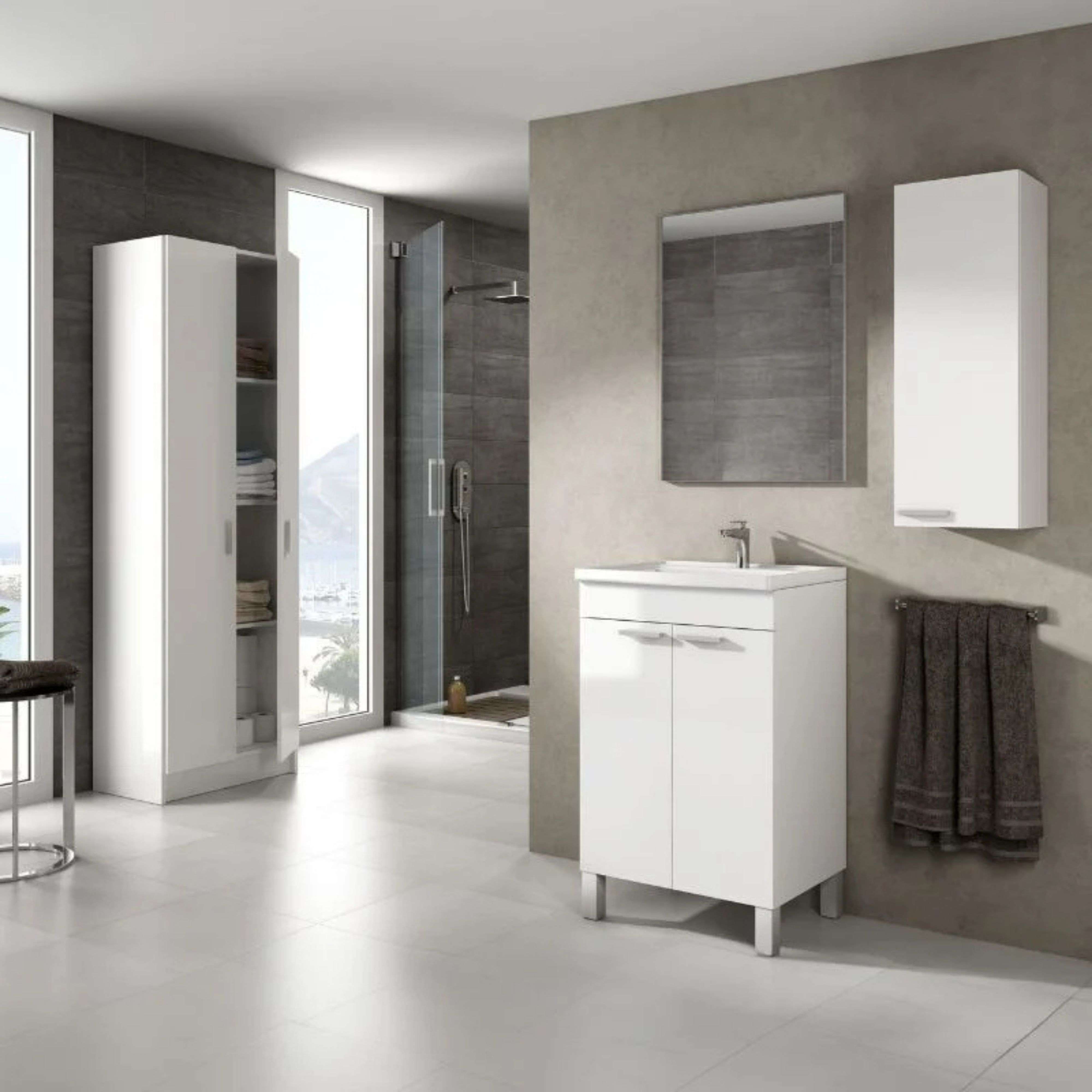Miroytengo Pack mueble aseo 2 puertas con espejo + armario pared + armario alto color blanco (LAVAMANOS INCLUIDO)
