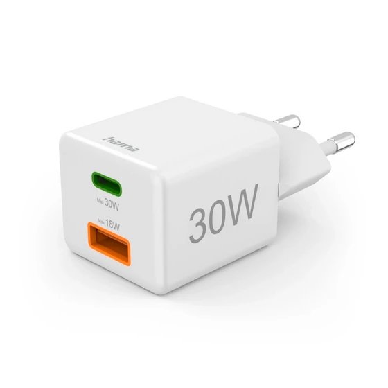 Cargador Hama 00201992  | Carga rápida, Power Delivery, USB-C + USB-A, Smartphones Tablets, 30W