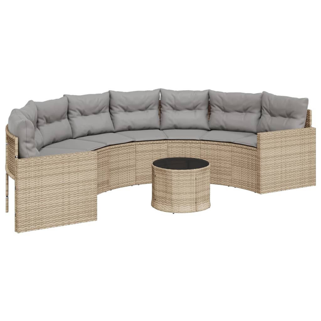 vidaXL Sofá de jardín semicircular con mesa y cojines ratán PE beige