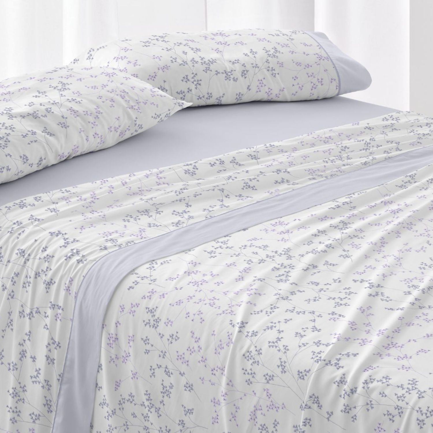 Juego Sábanas BURRITO BLANCO 50% Algodón Diseño Floral Lavanda - Tacto Suave, Fácil Planchado, Alta Durabilidad - Cama 90-200cm