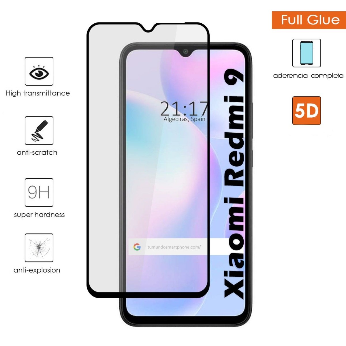 Tumundosmartphone Protector Cristal Templado Completo 5D Full Glue Negro para Xiaomi Redmi 9A / 9AT