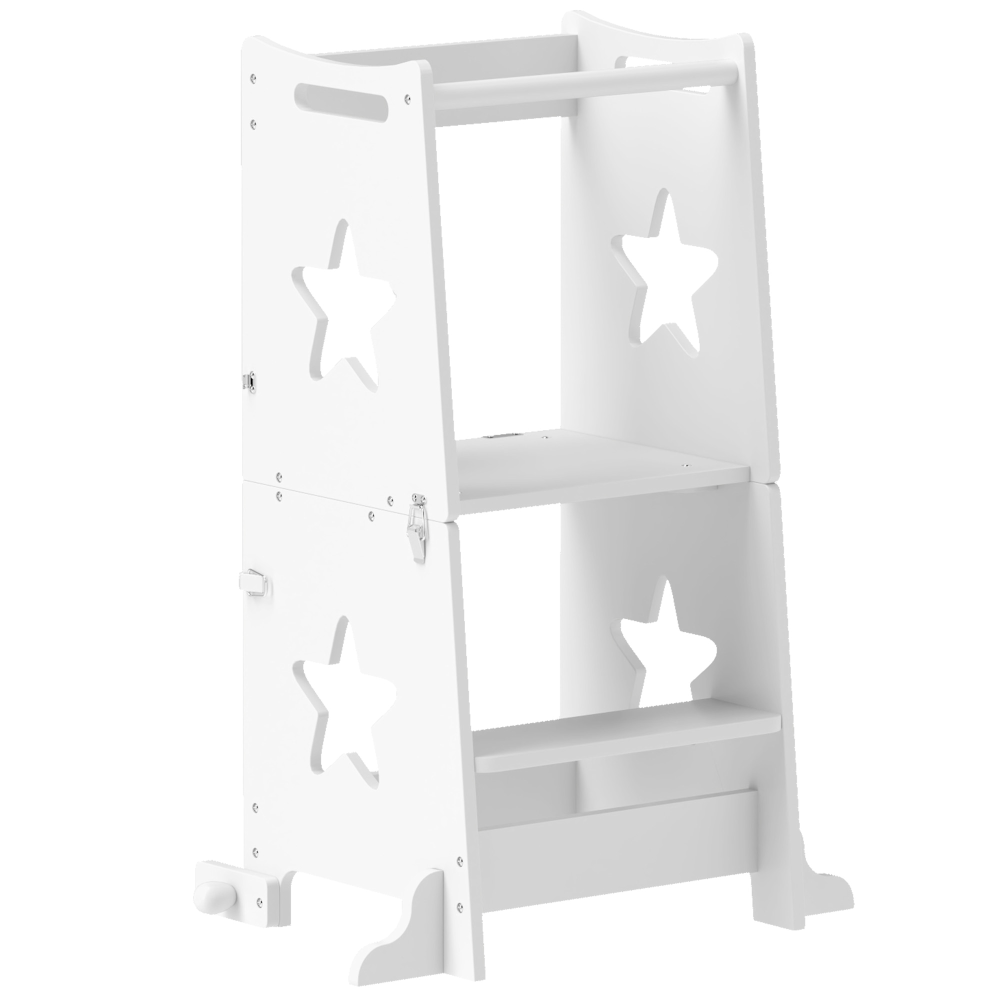 AIYAPLAY Torre de Aprendizaje 2 en 1 Taburete de Aprendizaje para Niños de +3 Años Convertible en Mesa y Silla con Barra de Seguridad 60x44,5x86 cm Blanco