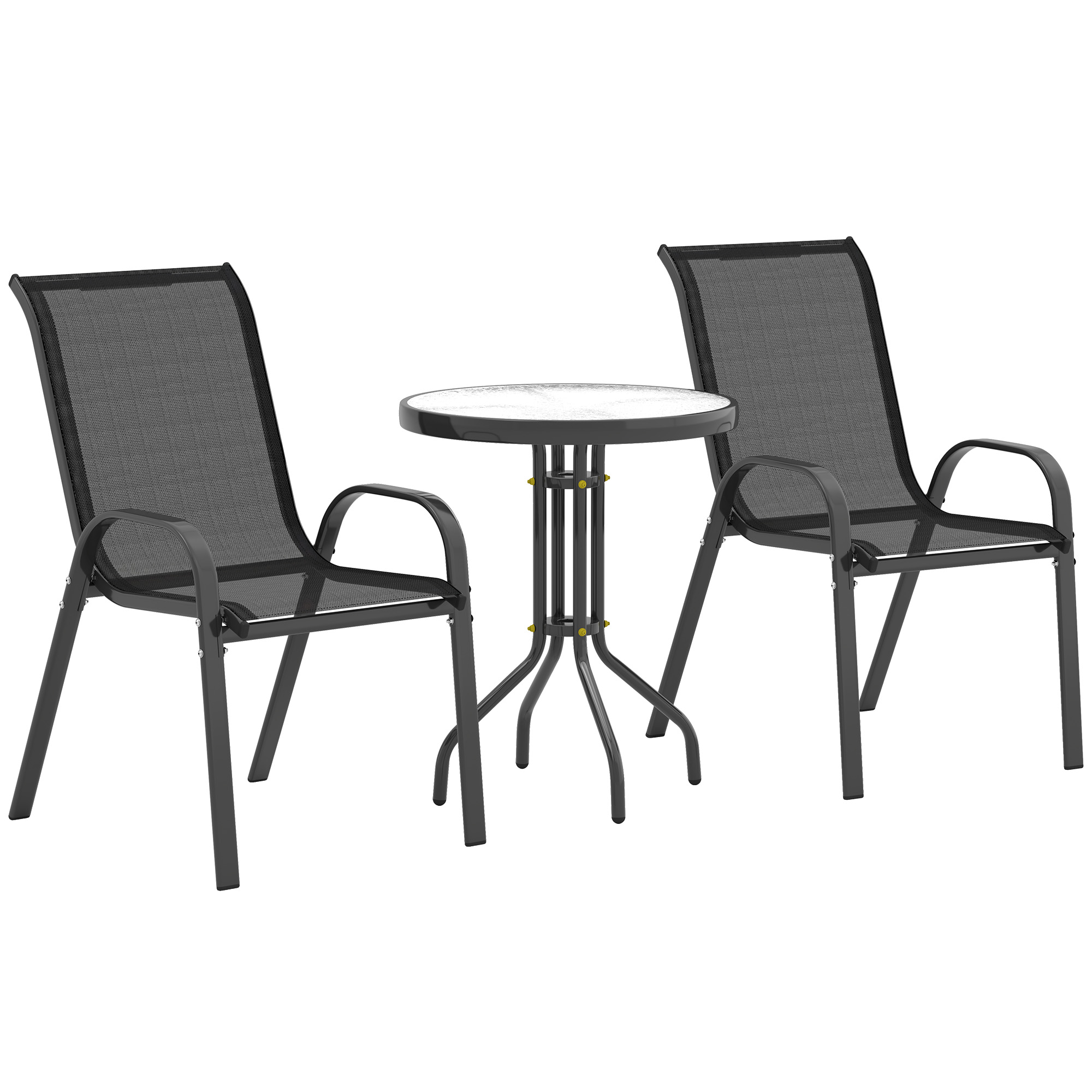 Outsunny Conjunto de Mesa y Sillas de Terraza Exterior de 3 Piezas, Muebles de Jardín Exterior con Sillas Apilables, Encimera de Vidrio y Estructura de Acero, para Patio, Negro