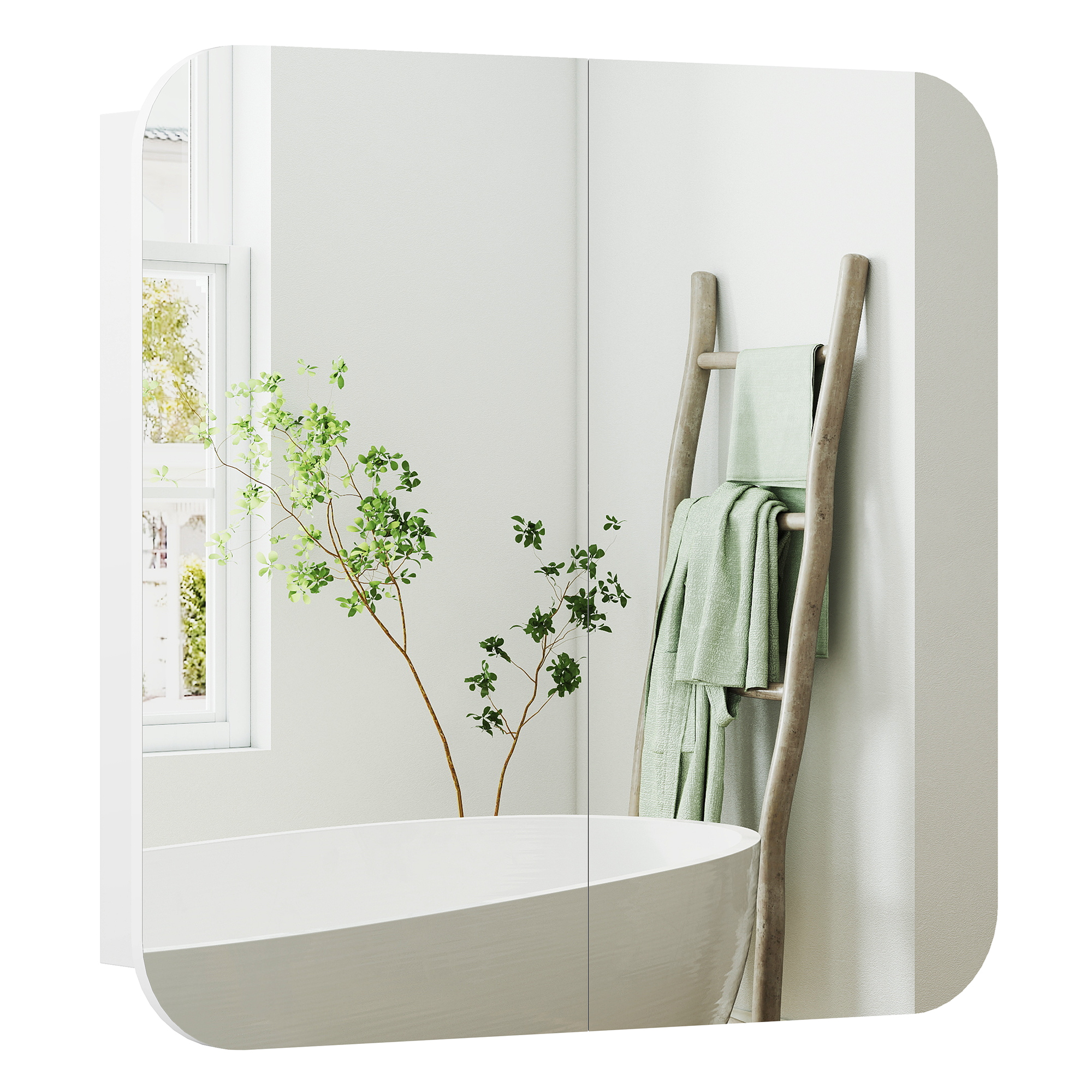 HOMCOM Armario de Baño con Espejo, Diseño con Bordes Curvados, Armario de Pared, Mueble de Baño Colgar, 2 Puertas, Estantes Ajustables, 68x13x66 cm, Blanco