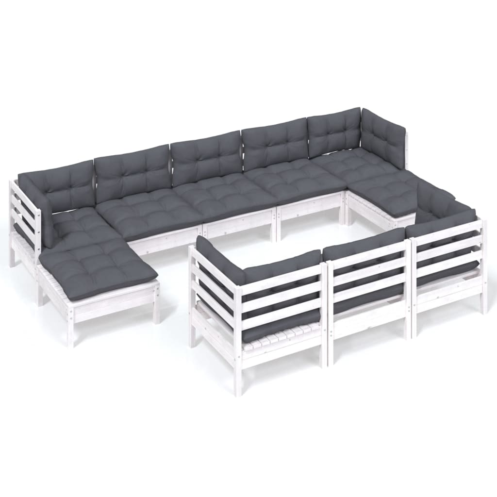 vidaXL Muebles de jardín 10 pzas cojines blanco madera maciza de pino