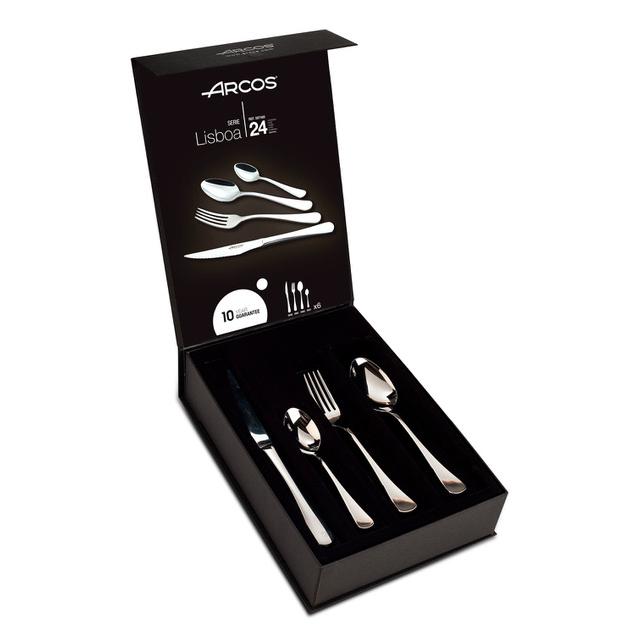 Arcos Serie Lisboa - Cubertería de 24 piezas en Caja de Regalo (6 Cuchillos + 12 Cucharas + 6 Tenedores) - Monoblock de una pieza en Acero Inoxidable - Color Plata