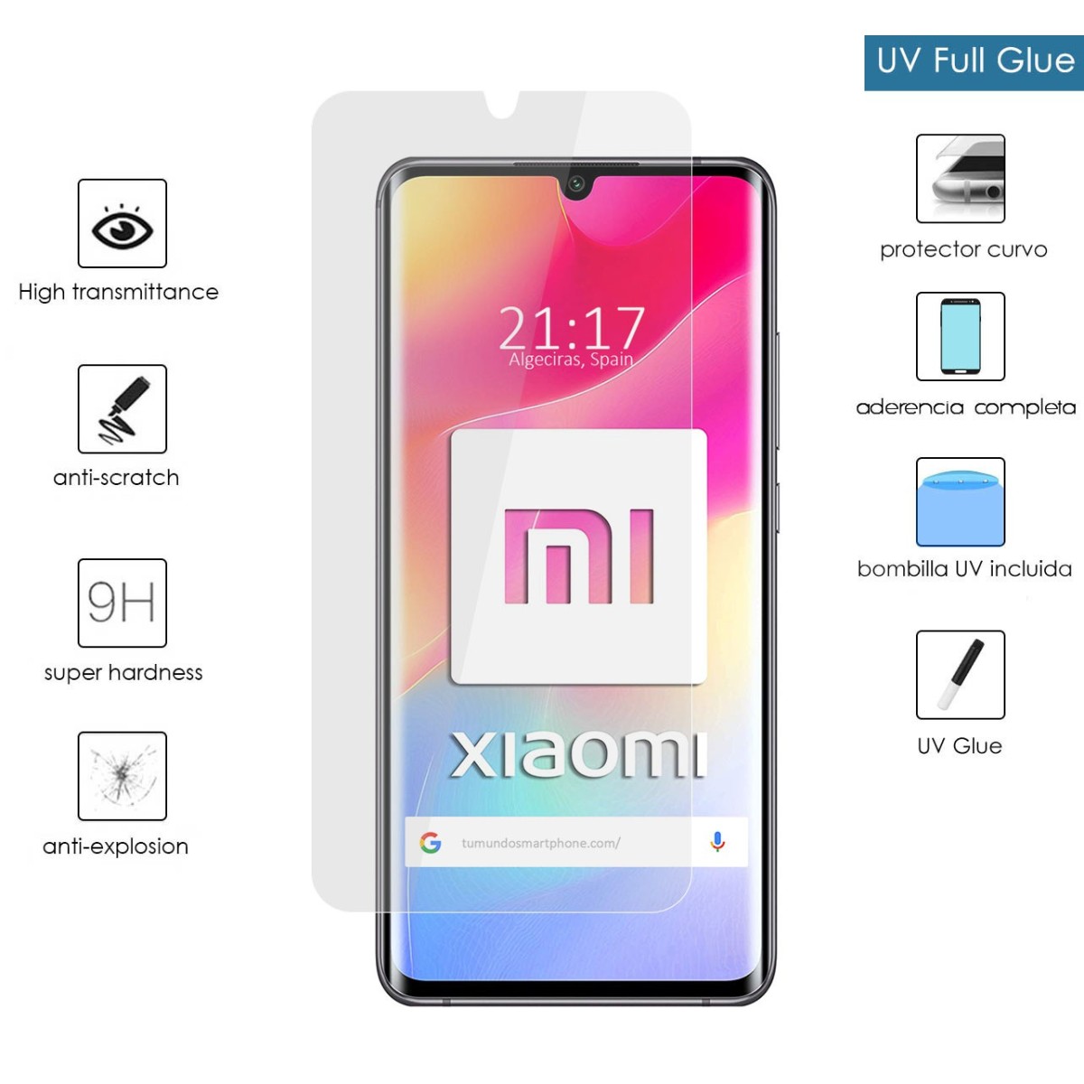 Tumundosmartphone Protector Cristal Templado Completo Curvo UV Full Glue para Xiaomi Mi Note 10 Lite