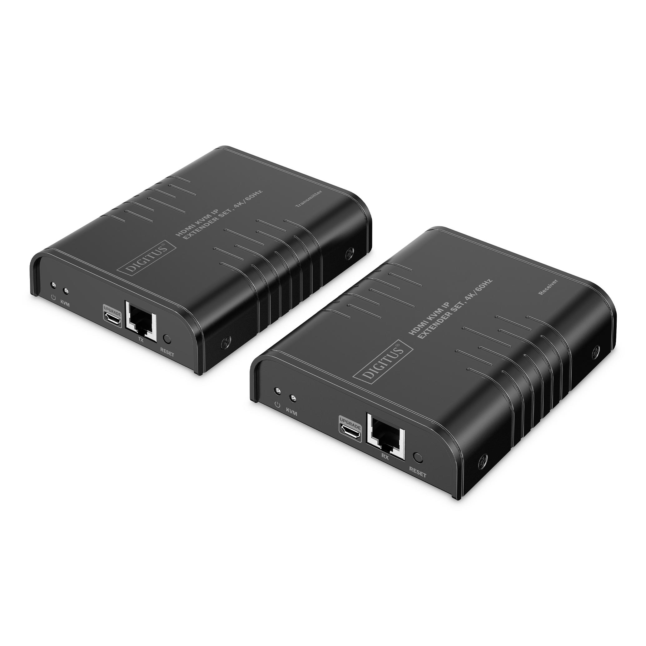 DIGITUS HDMI KVM IP Extender Set – UHD 4k 60Hz – 40 m de alcance – HDMI 2.0 – transmisor y receptor – hasta 253 receptores – 2x USB para ratón y teclado – punto a punto – CAT 6 – negro