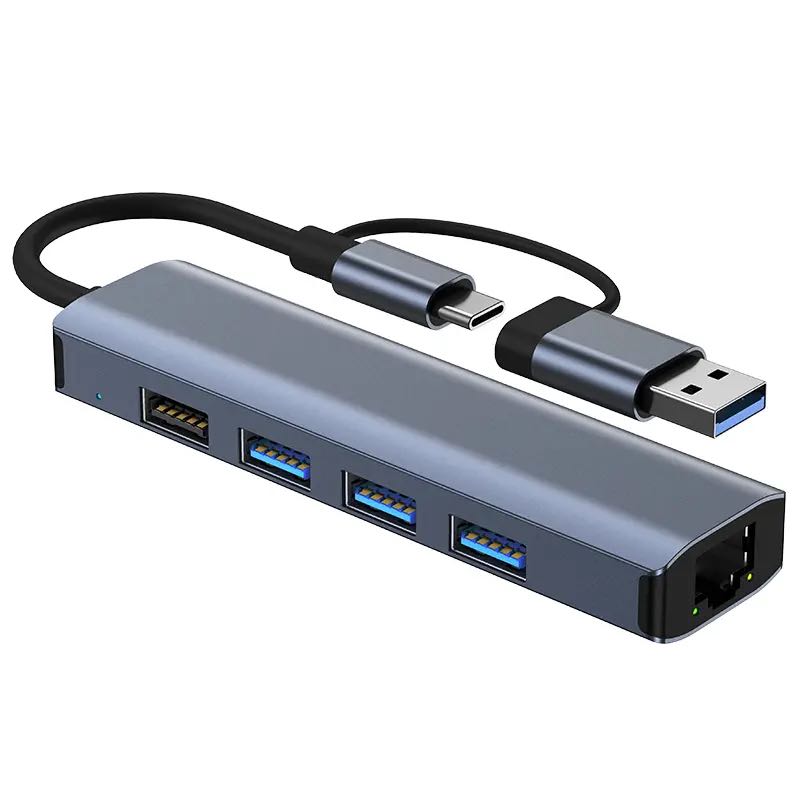 Extensor de red 5 en 2 tipo C, adaptador Ethernet de USB-C, 1000Mbps, divisor USB de 4 puertos para ordenador portátil, PC, ipad, teléfono, interruptor de Internet