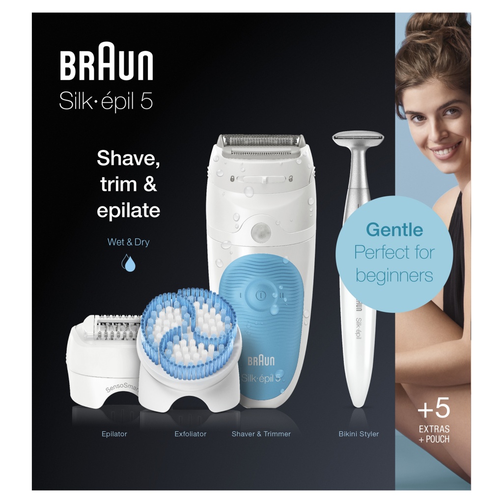 Braun Silk-épil depiladora eléctrica mujer para una depilación suave, depilación en seco y en mojado, capuchón de masaje, cabezal de recorte y rasurado, cepillo de exfoliación, perfiladora zona bikini. Producto Europeo con Garantía Oficial