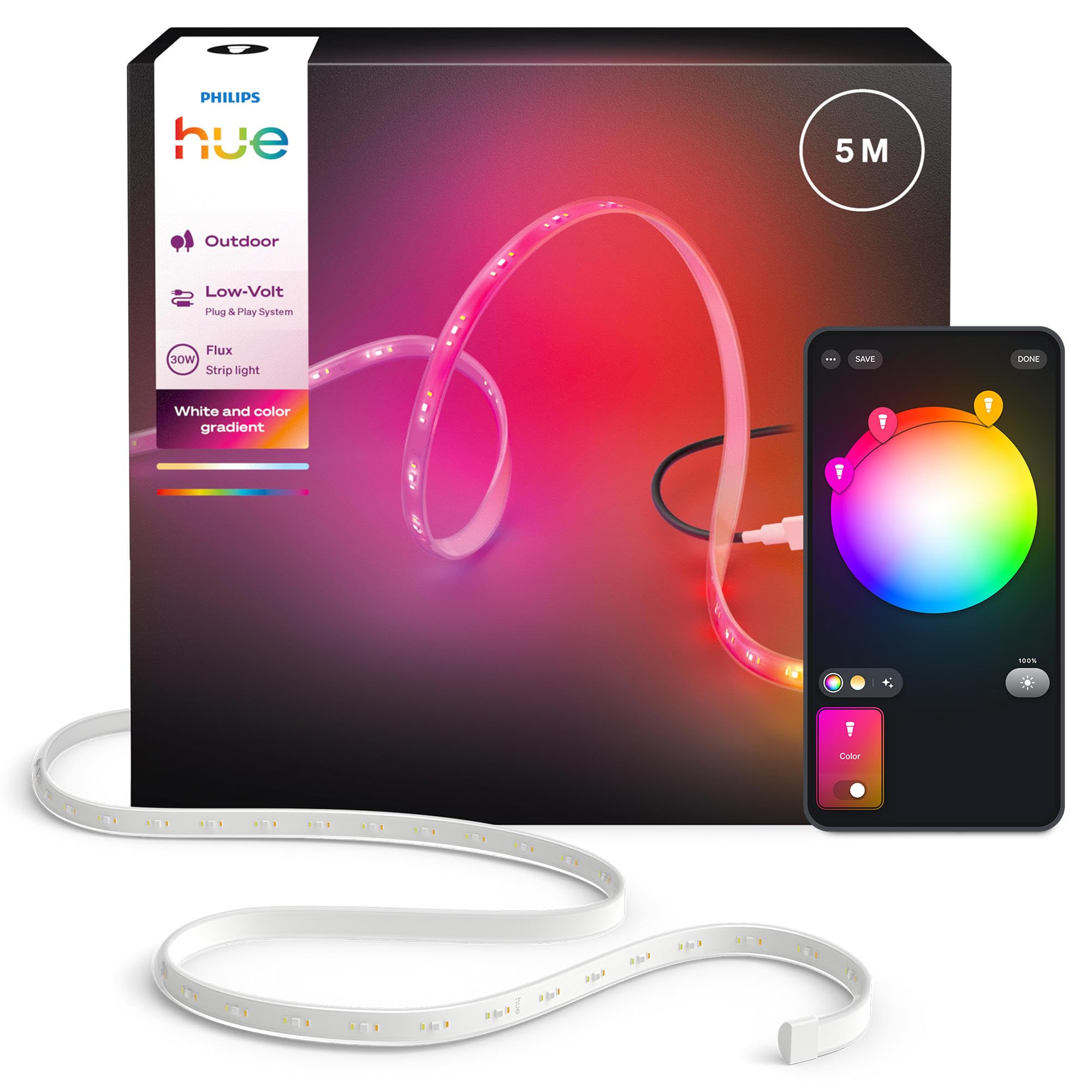 Philips Hue Flux Tira LED inteligente 5M, RGB, 1100 lm, iluminación exterior, tecnología Chromasync™, resistente al agua, baja tensión, control por app y voz, con Alexa