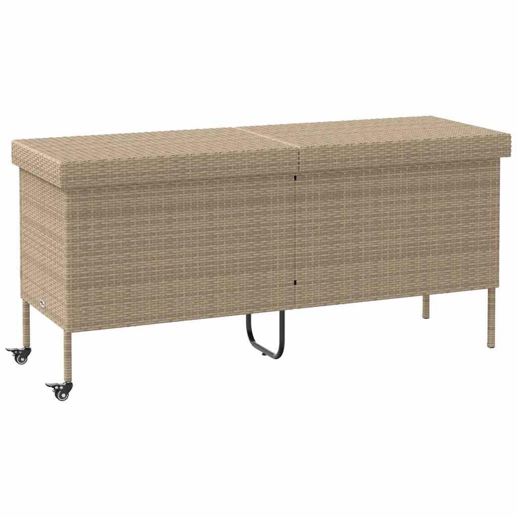 vidaXL Caja de almacenaje jardín ruedas ratán PE beige 160x55x75 cm