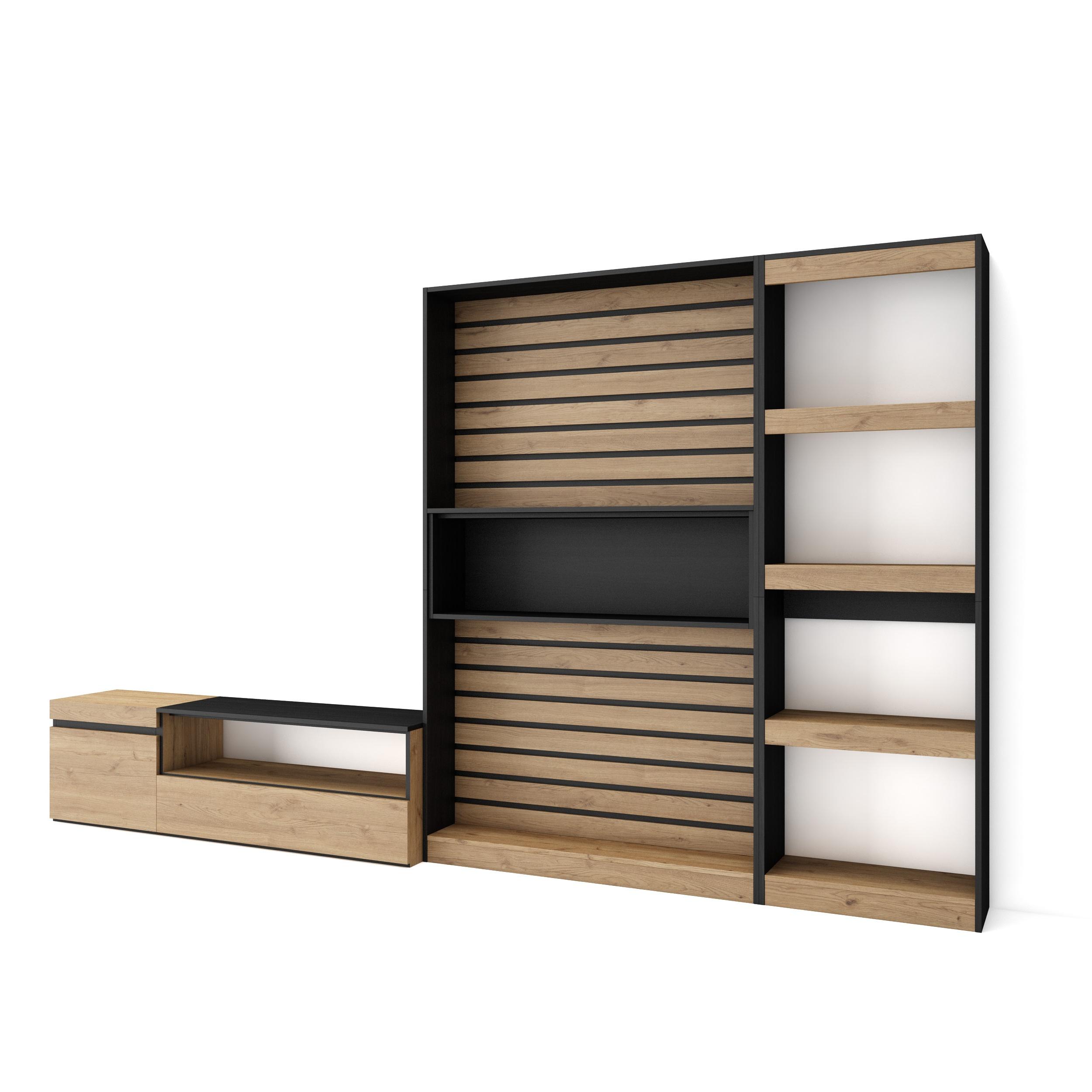 Skraut Home - Conjunto de muebles de Salón - Estantería y organización - Mueble TV - Veteado de madera - Tacto poroso de alta calidad - Estilo Moderno - Medidas totales 320x35x186cm