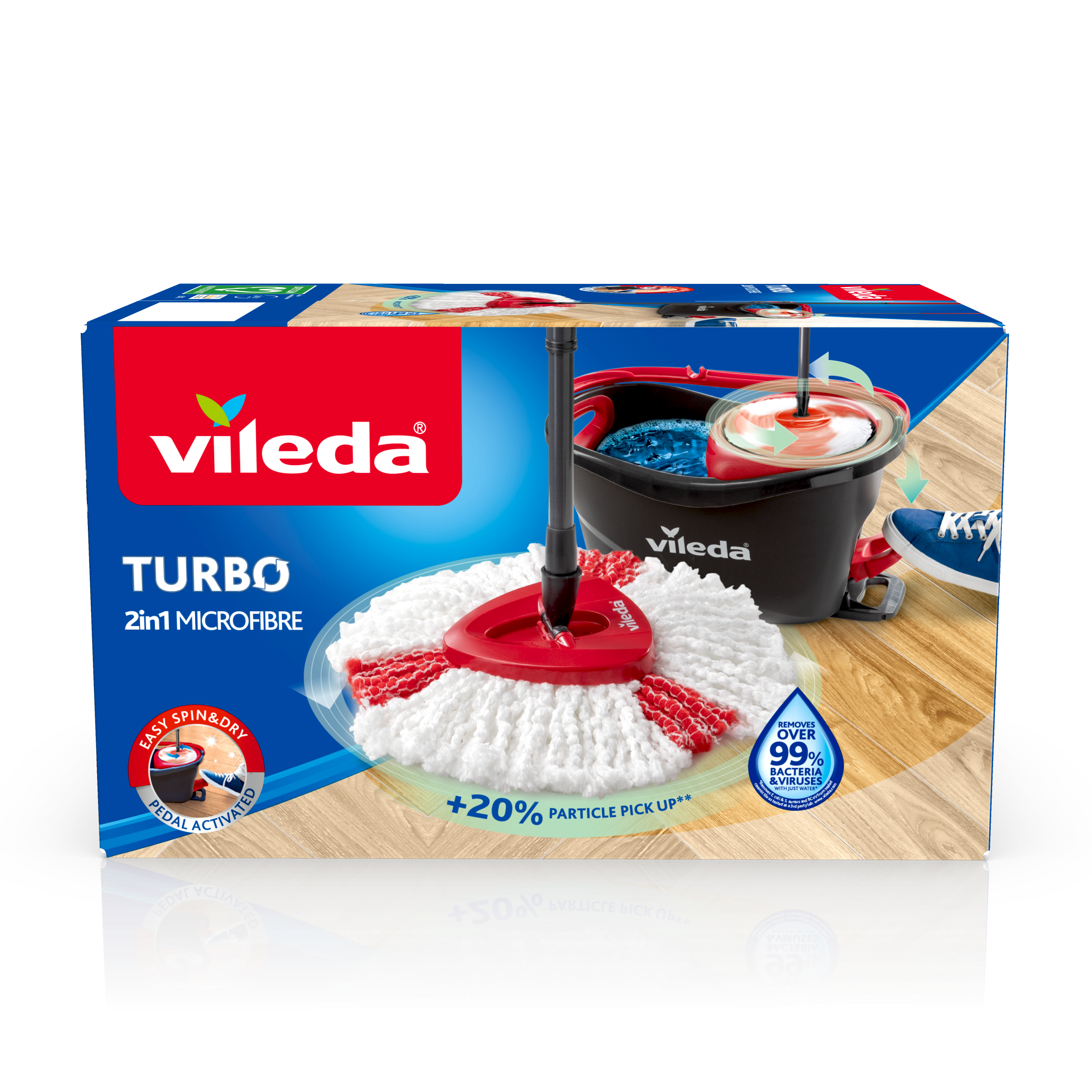 Vileda | Sistema Turbo 2en1 o Sistema Turbo 2en1 + 2 Recambios I Clásico I Juego de cubo de fregona con pedal | Comodidad asegurada I Mango telescópico 85-123 cm | Cabezal de microfibra 2 en 1| Fregona y cubo giratorio para suelos|Sostenible