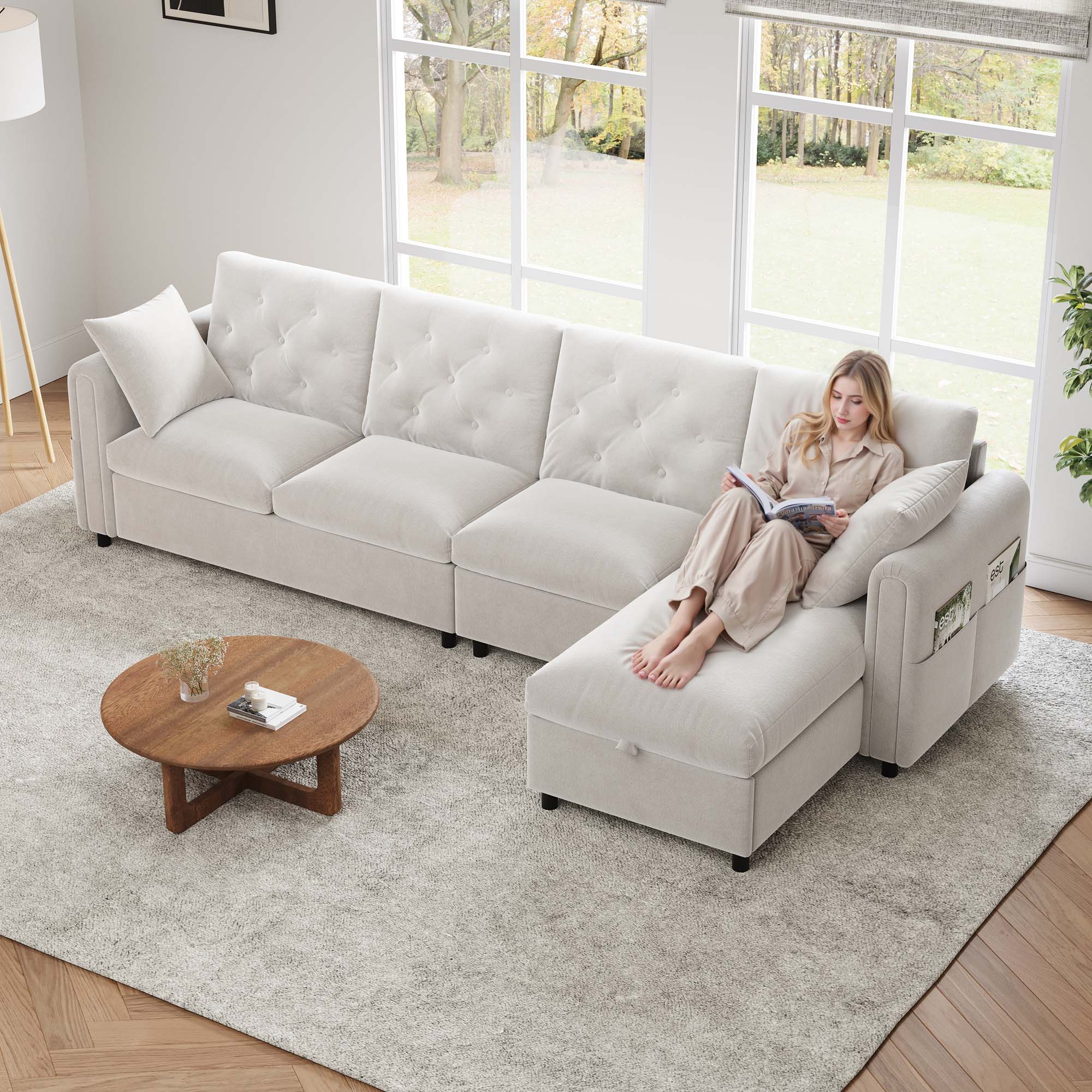 Canapé d’angle 4 places beige en velours avec rangement, méridienne réversible et poches latérales