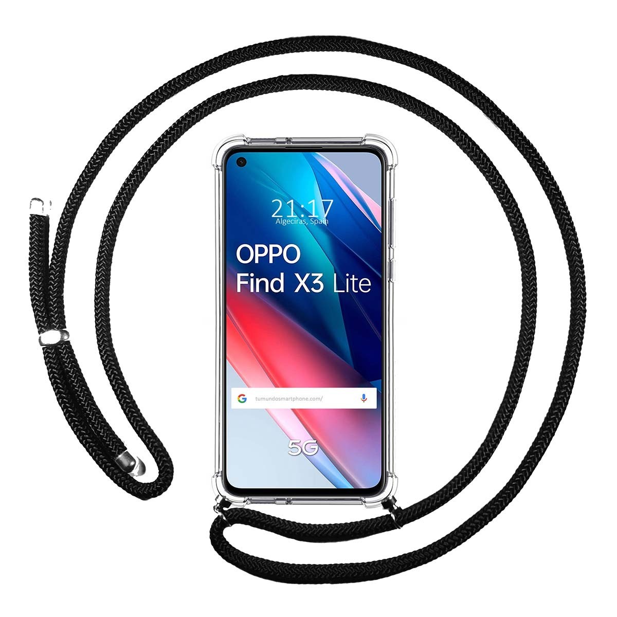 Tumundosmartphone Funda Colgante Transparente para Oppo Find X3 Lite 5G con Cordon Negro