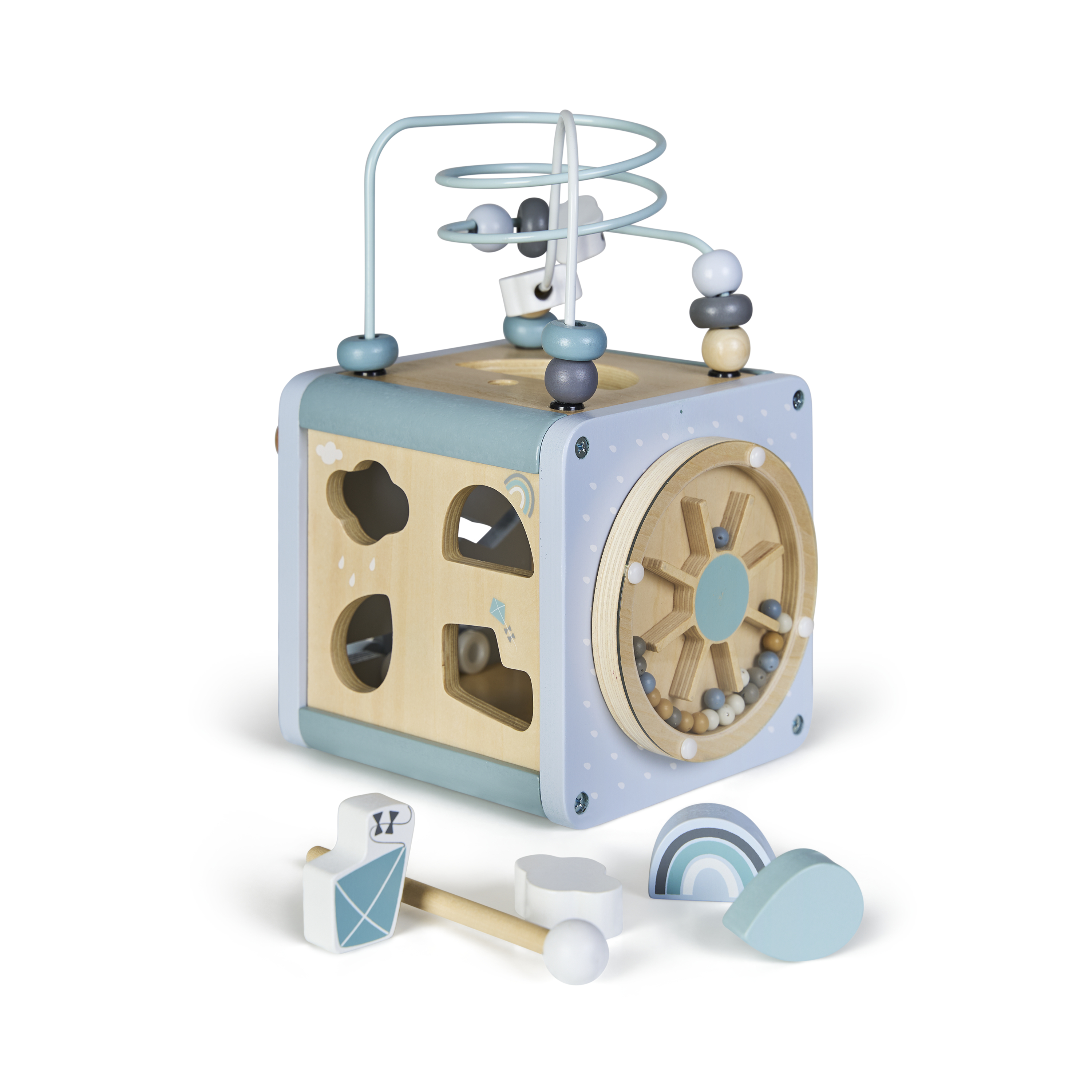 BUDDY BABY – Cubo Montessori Xtudio – Desde 12 Meses – 5 Actividades: Engranajes, ábaco, Formas encajables, Laberinto de Cuentas, Rueda Sonora – Xilófono con baqueta – Almacenaje Interior