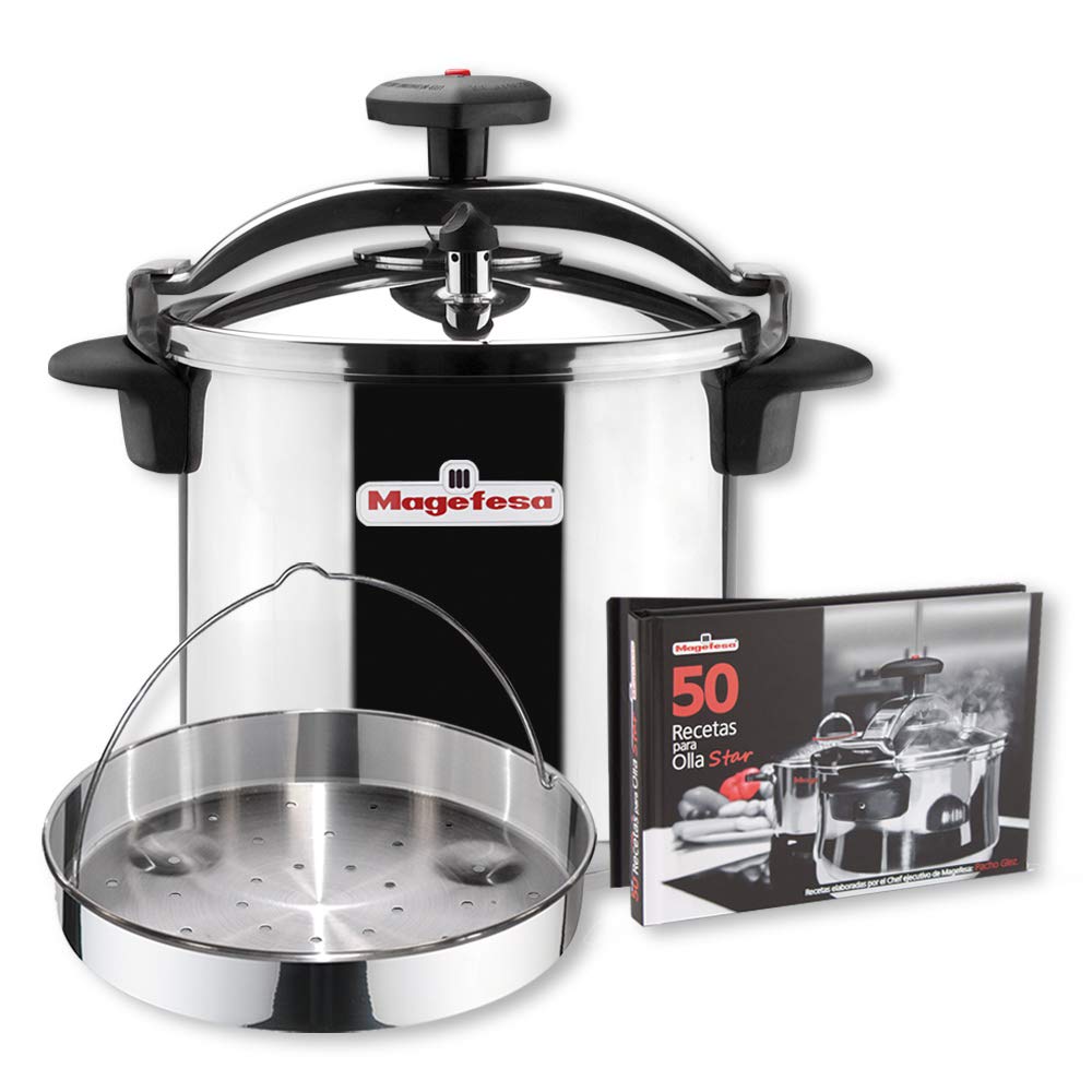 Magefesa Star Recta - Pack Exclusivo Olla Express Tradicional + Cestillo Vaporera + Libro de Recetas, Acero Inoxidable 18/10, Apta para Inducción