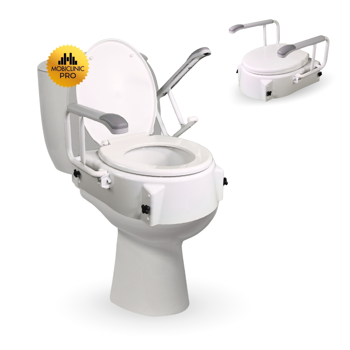 Mobiclinic Elevador WC para adultos con reposabrazos 5-15 cm Marca española Elevador WC para ancianos Tapa y Reposabrazos abatibles Elevador de inodoro Regulable Inclinable Blanco Muralla